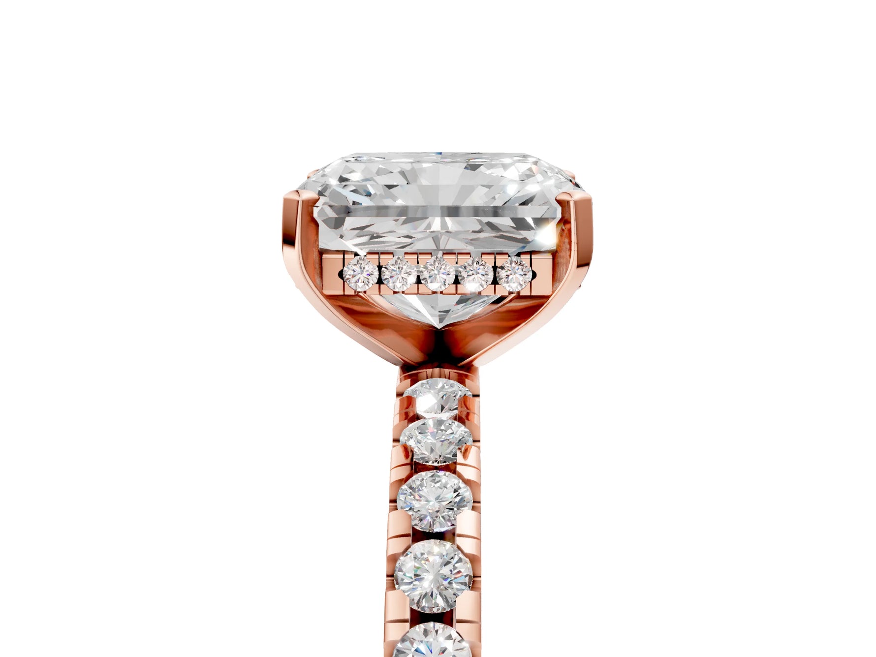 Radiant Cut Diamond Hidden Halo Solitaire Ring in Rose gold with Round Pavé Band and Prong Setting_65