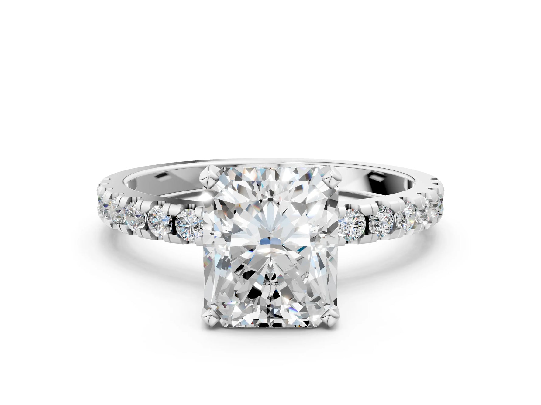 Radiant Cut Diamond Hidden Halo Solitaire Ring in White gold with Round Pavé Band and Prong Setting_36
