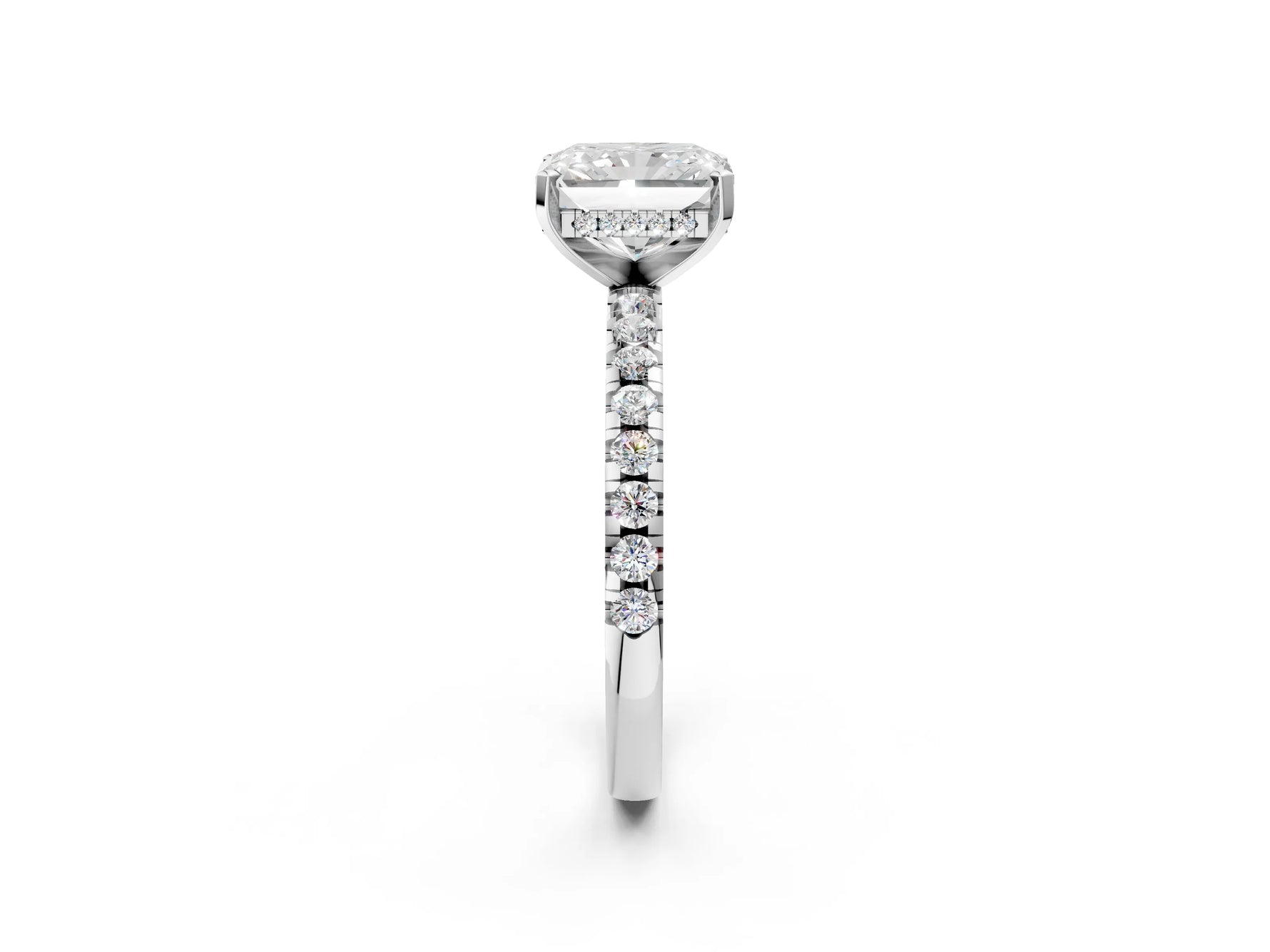 Radiant Cut Diamond Hidden Halo Solitaire Ring in White gold with Round Pavé Band and Prong Setting_38