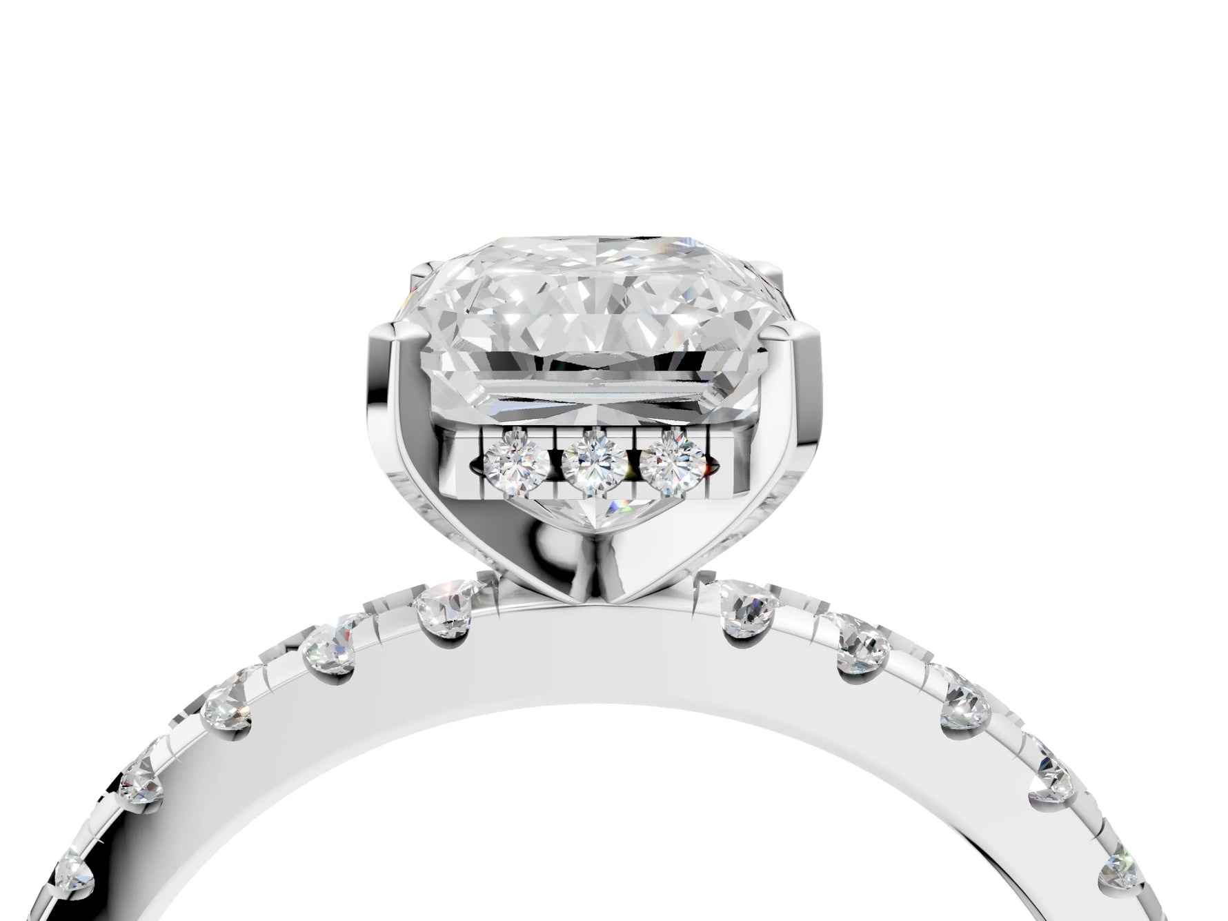 Radiant Cut Diamond Hidden Halo Solitaire Ring in White gold with Round Pavé Band and Prong Setting_40