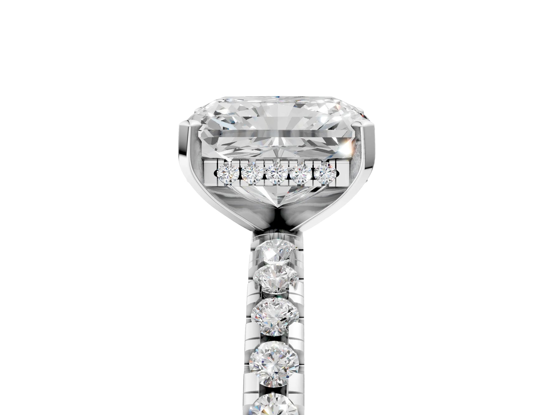 Radiant Cut Diamond Hidden Halo Solitaire Ring in White gold with Round Pavé Band and Prong Setting_41