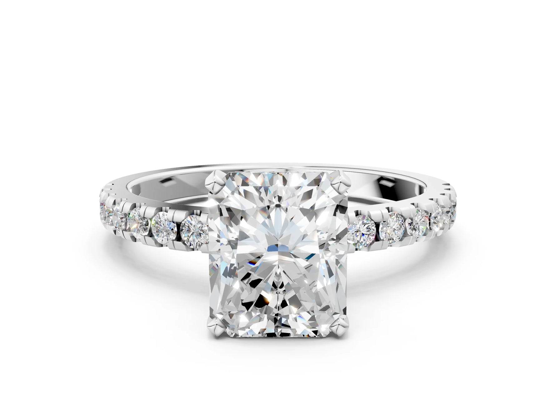 Radiant Cut Diamond Hidden Halo Solitaire Ring in White gold with Round Pavé Band and Prong Setting_60