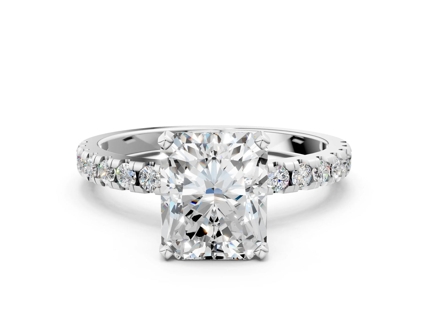 Radiant Cut Diamond Hidden Halo Solitaire Ring in White gold with Round Pavé Band and Prong Setting_60