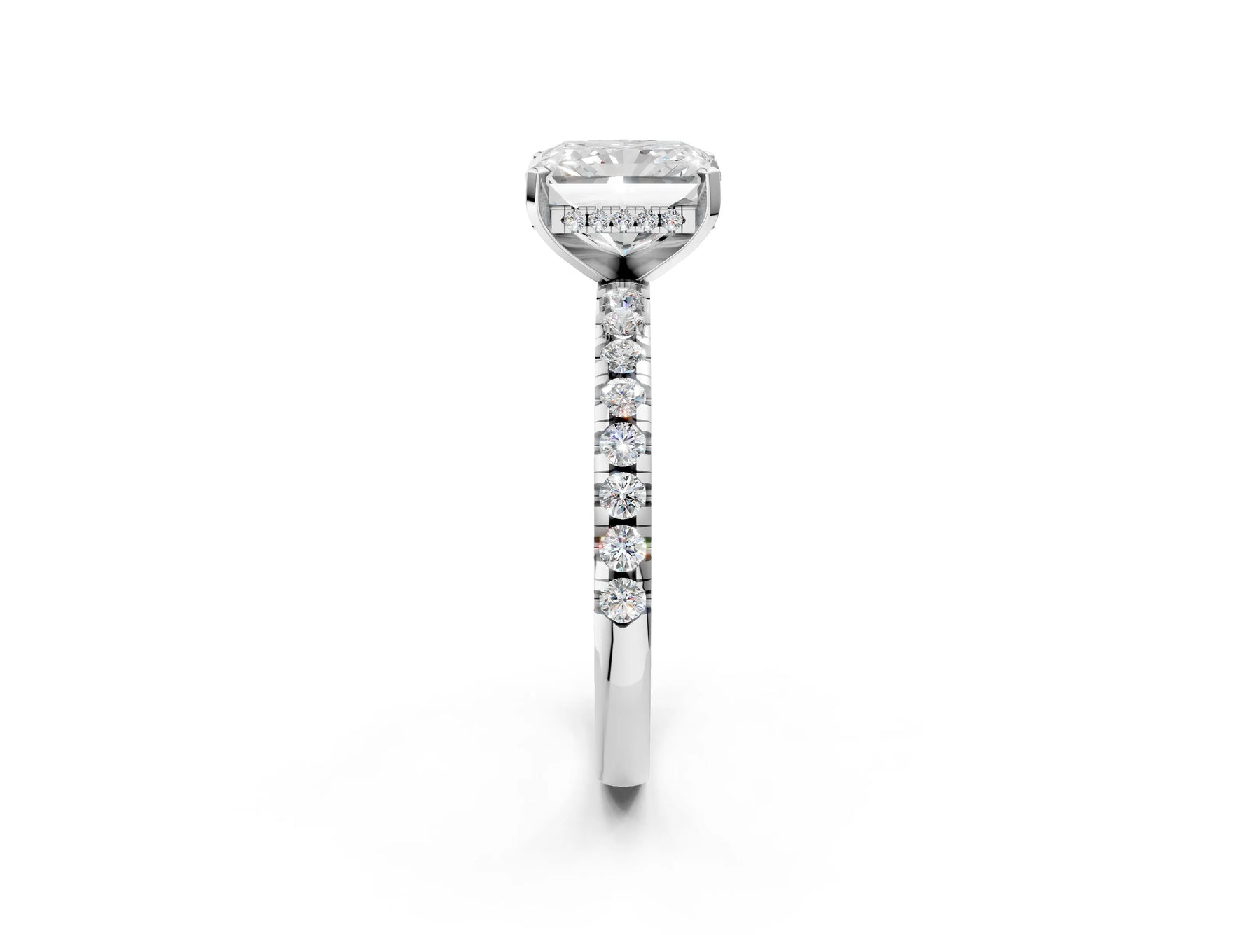 Radiant Cut Diamond Hidden Halo Solitaire Ring in White gold with Round Pavé Band and Prong Setting_62