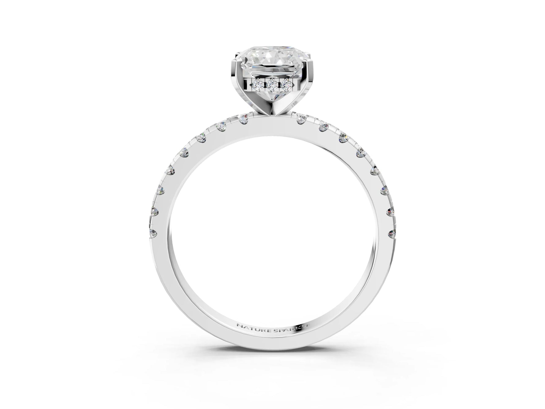 Radiant Cut Diamond Hidden Halo Solitaire Ring in White gold with Round Pavé Band and Prong Setting_63