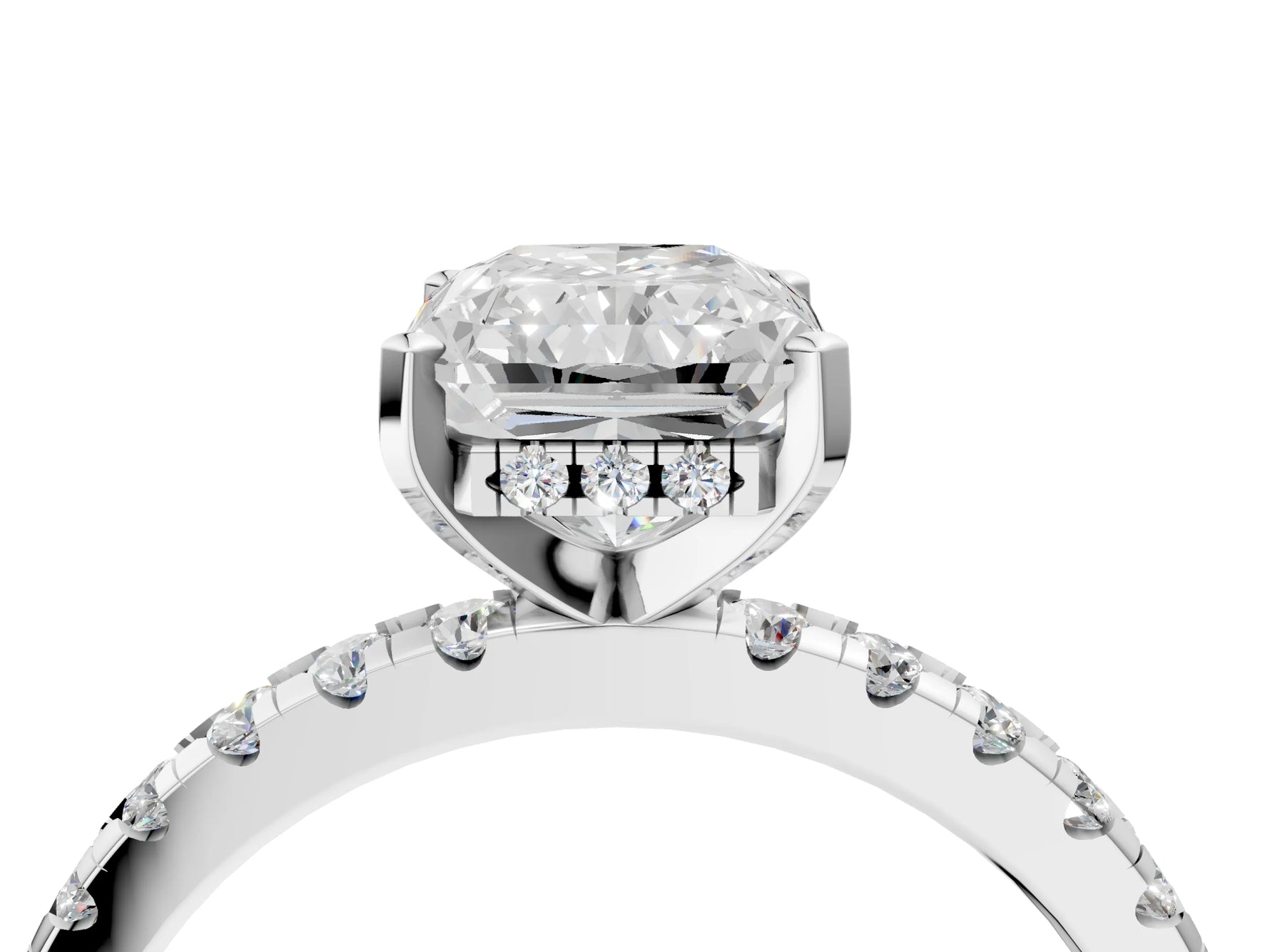 Radiant Cut Diamond Hidden Halo Solitaire Ring in White gold with Round Pavé Band and Prong Setting_64