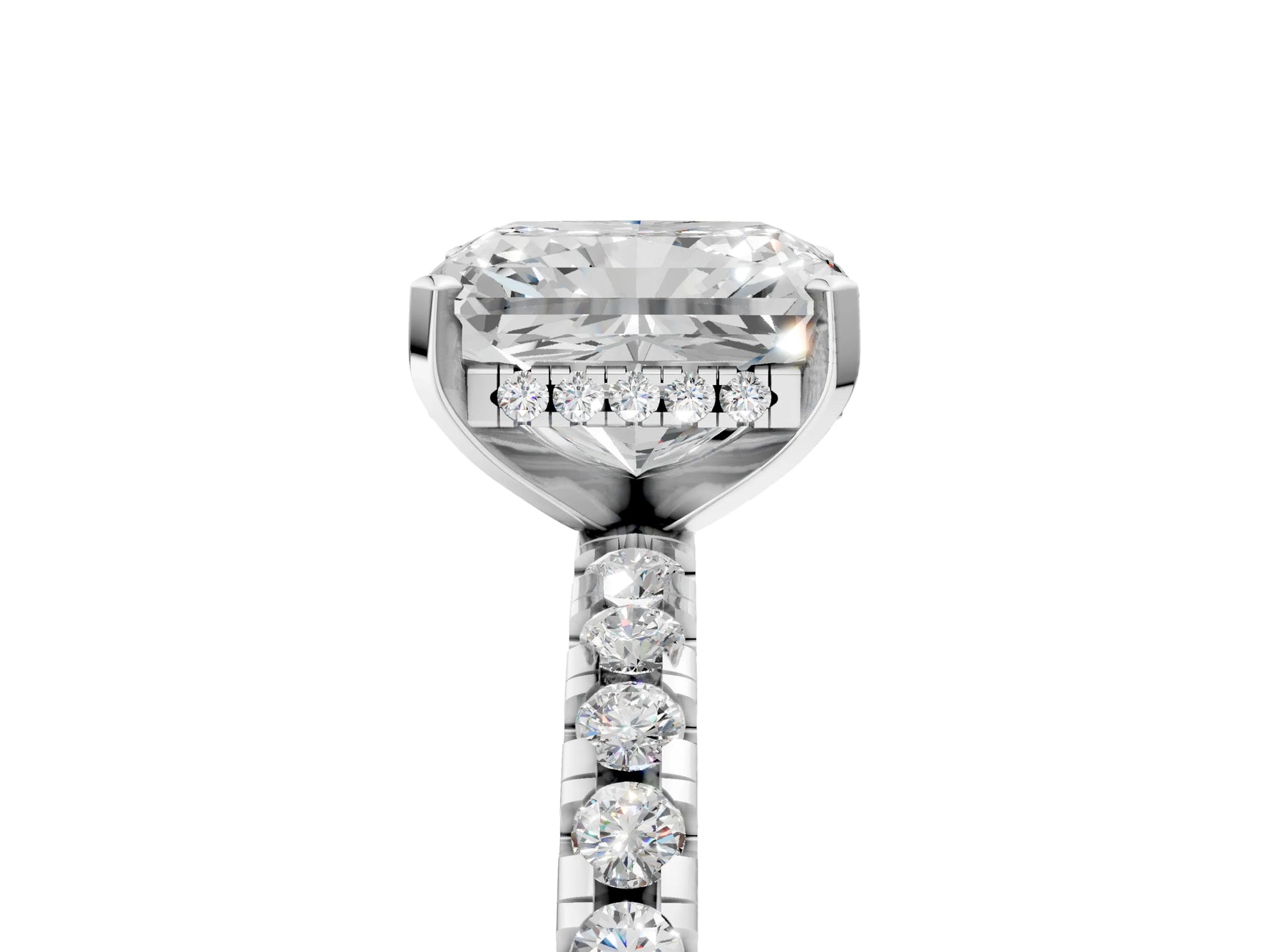 Radiant Cut Diamond Hidden Halo Solitaire Ring in White gold with Round Pavé Band and Prong Setting_65