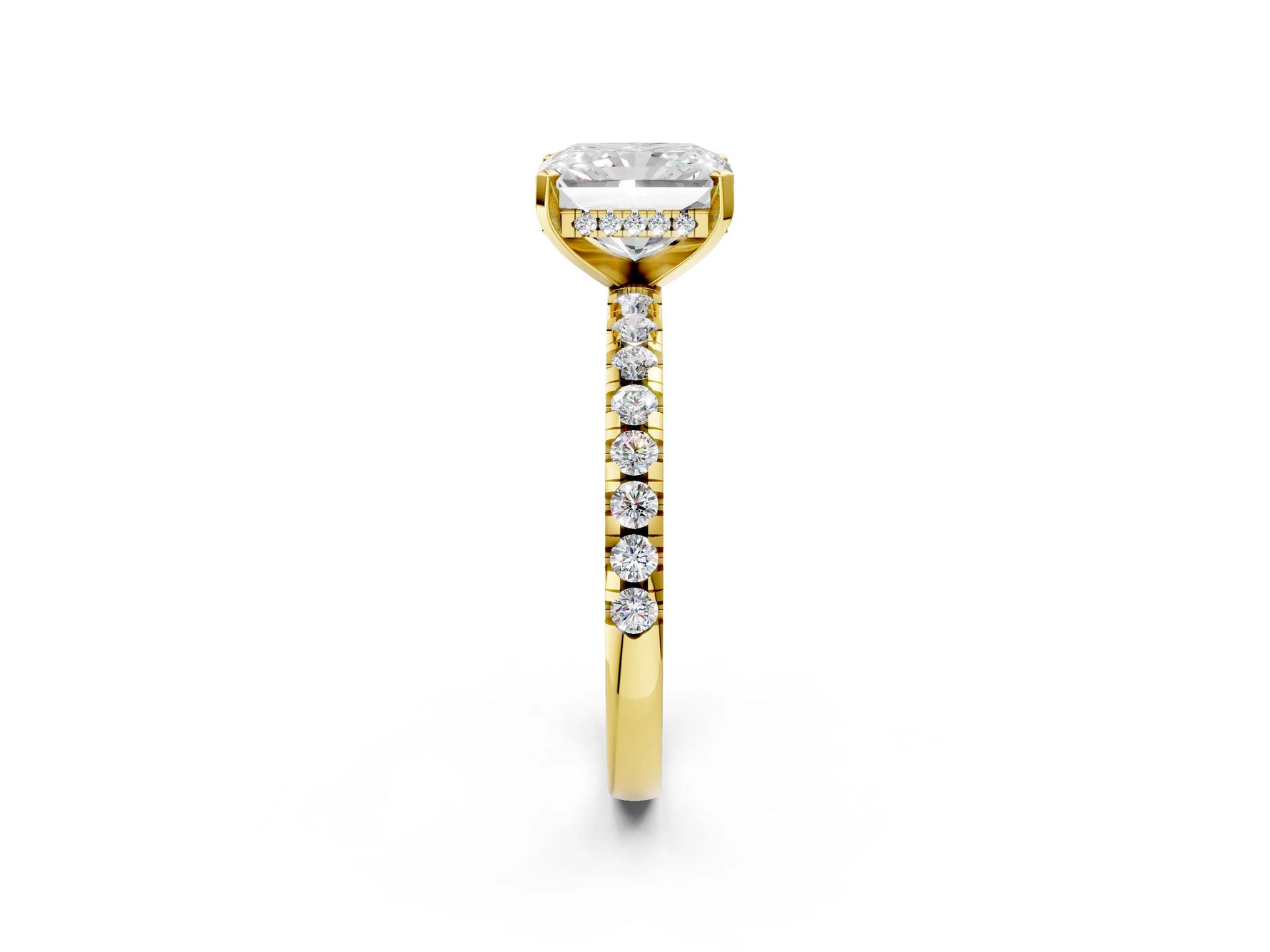 Radiant Cut Diamond Hidden Halo Solitaire Ring in Yellow gold with Round Pavé Band and Prong Setting_26