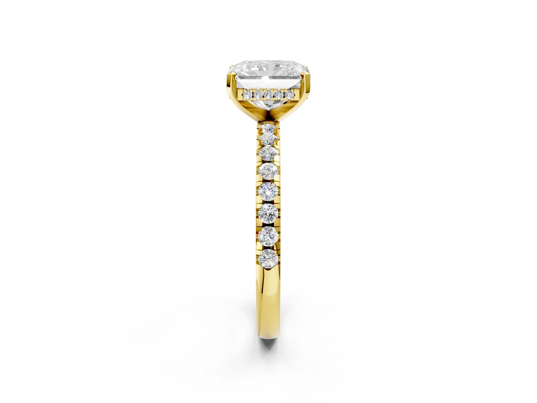 Radiant Cut Diamond Hidden Halo Solitaire Ring in Yellow gold with Round Pavé Band and Prong Setting_50