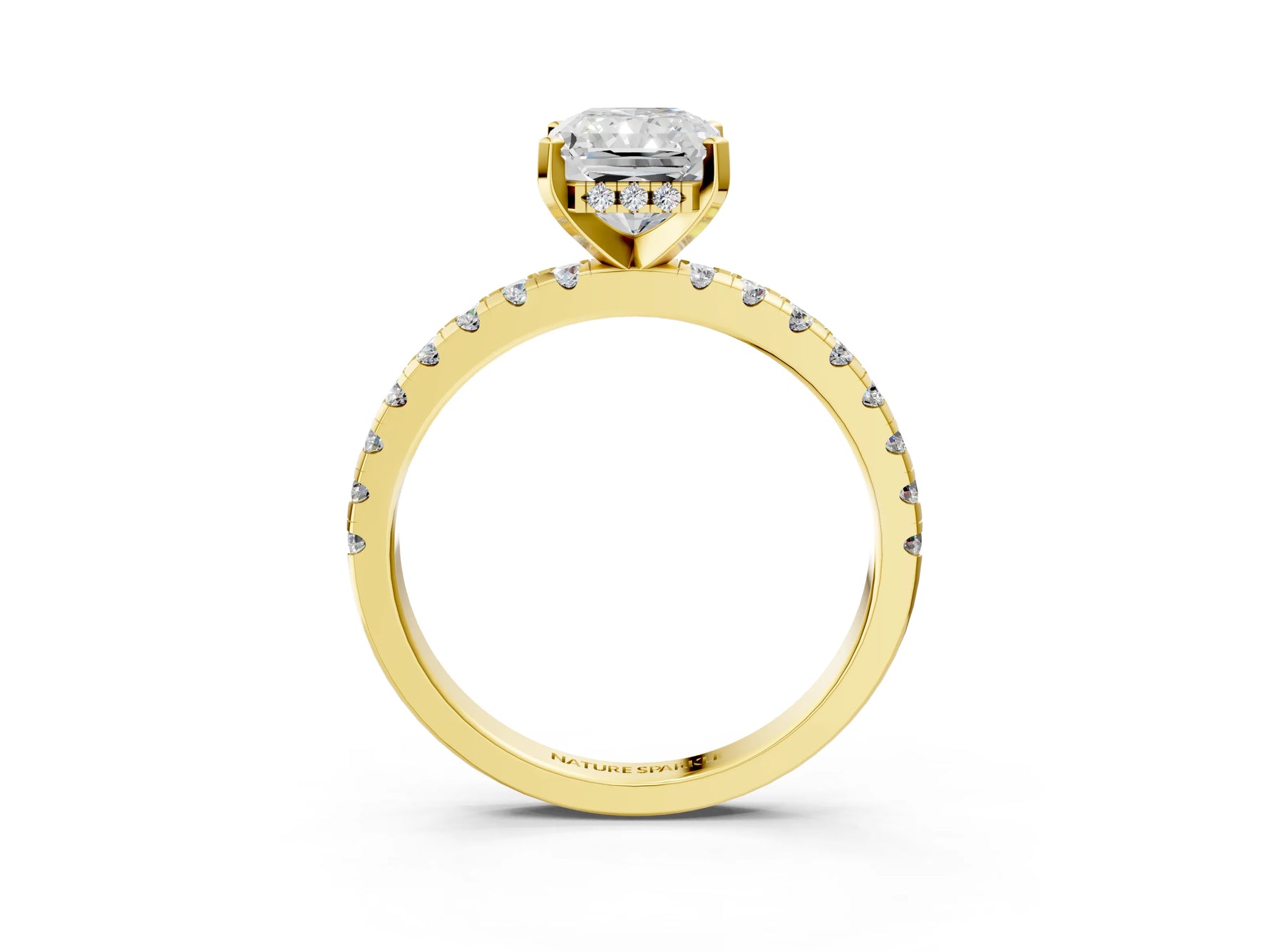 Radiant Cut Diamond Hidden Halo Solitaire Ring in Yellow gold with Round Pavé Band and Prong Setting_51