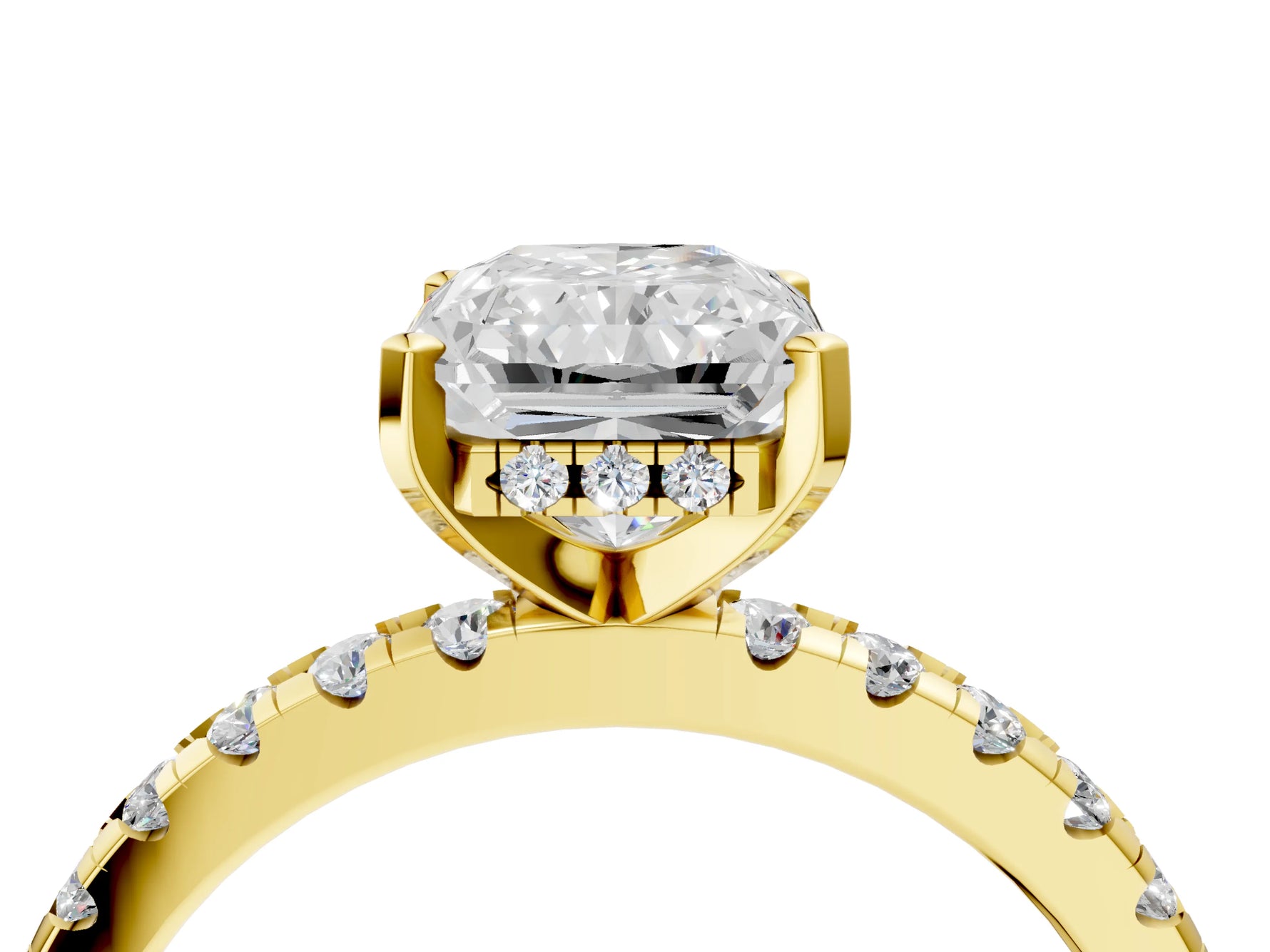 Radiant Cut Diamond Hidden Halo Solitaire Ring in Yellow gold with Round Pavé Band and Prong Setting_52