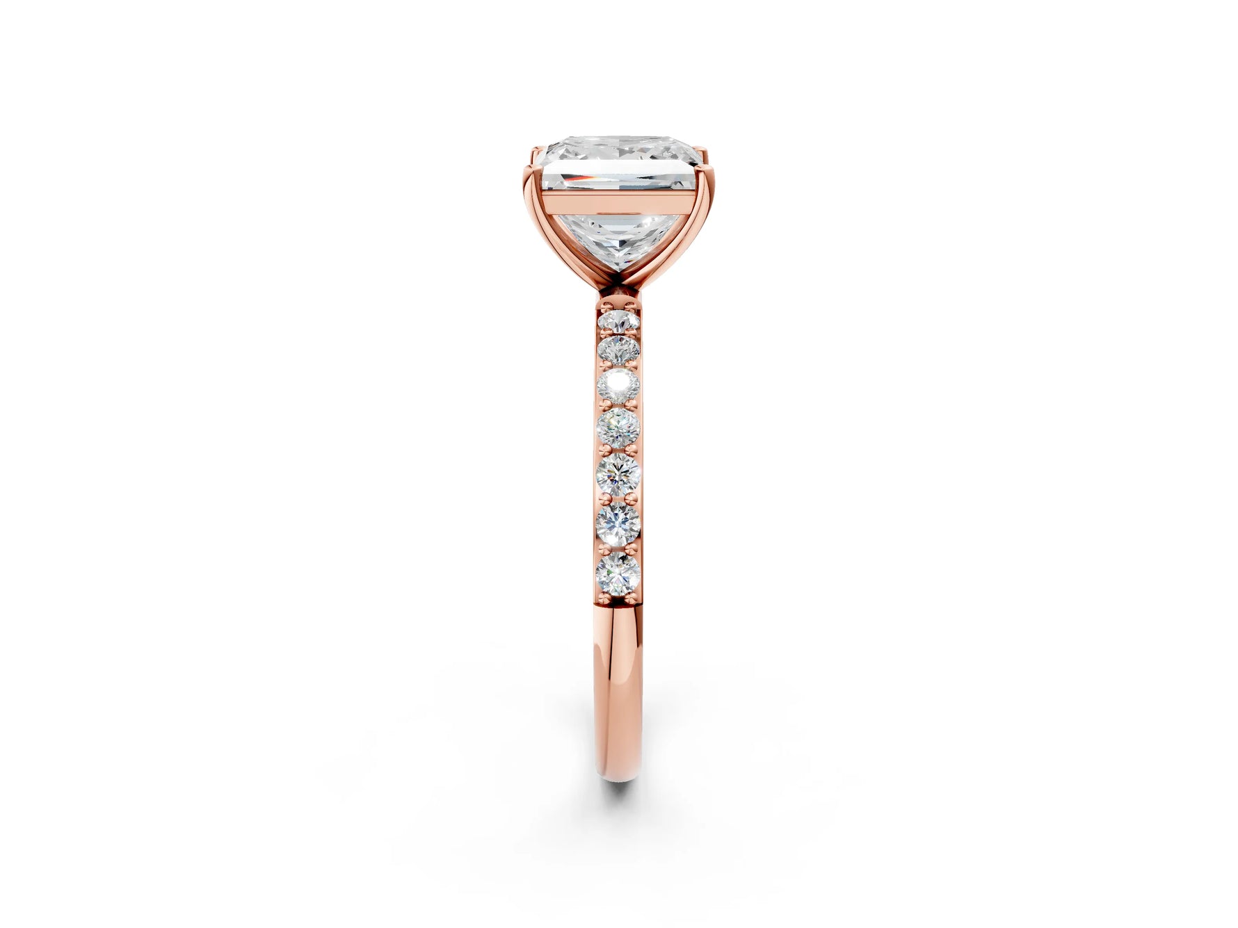 Radiant Cut Diamond Pavé Band Solitaire Ring in Rose gold with Round Accents_26