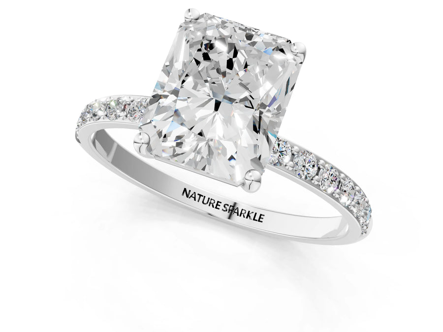 Radiant Cut Diamond Pavé Band Solitaire Ring in Silver with Round Accents