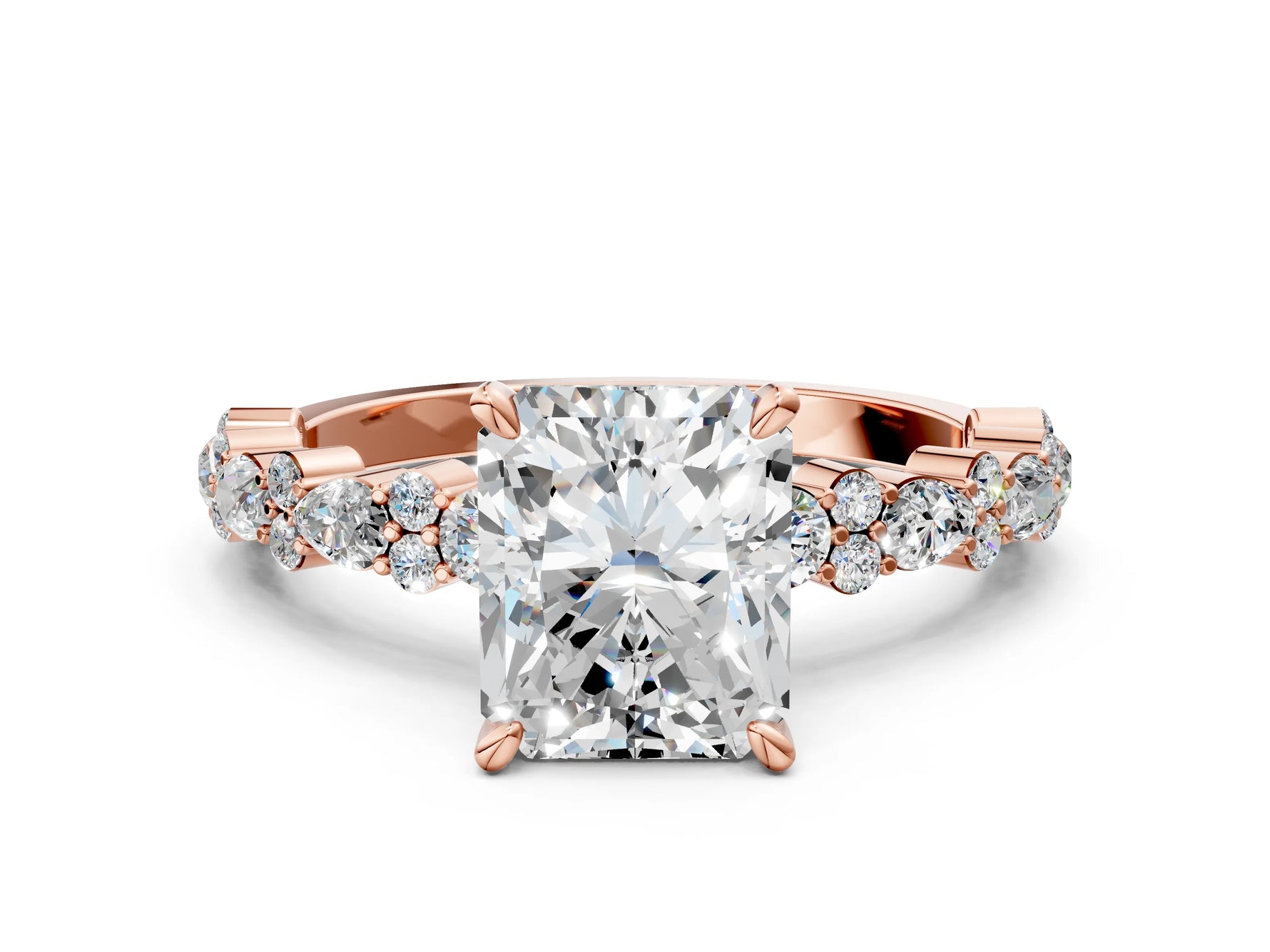 Radiant Cut Diamond Solitaire Ring in Rose gold with Pear and Round Cluster Band_12