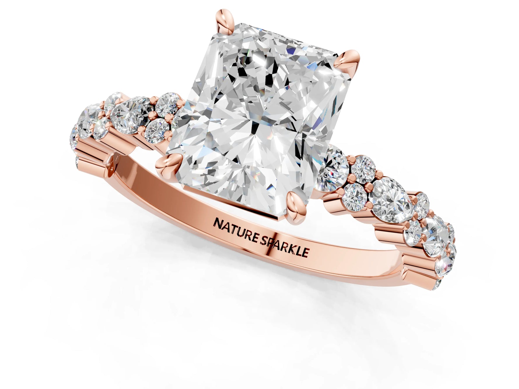 Radiant Cut Diamond Solitaire Ring in Rose gold with Pear and Round Cluster Band_13