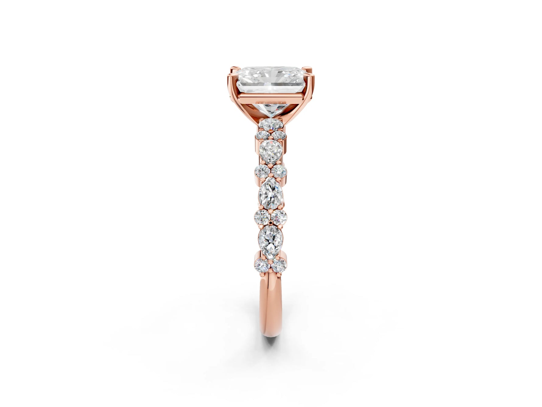 Radiant Cut Diamond Solitaire Ring in Rose gold with Pear and Round Cluster Band_14