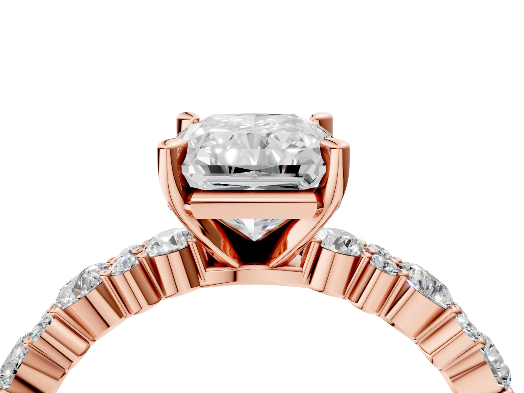Radiant Cut Diamond Solitaire Ring in Rose gold with Pear and Round Cluster Band_16