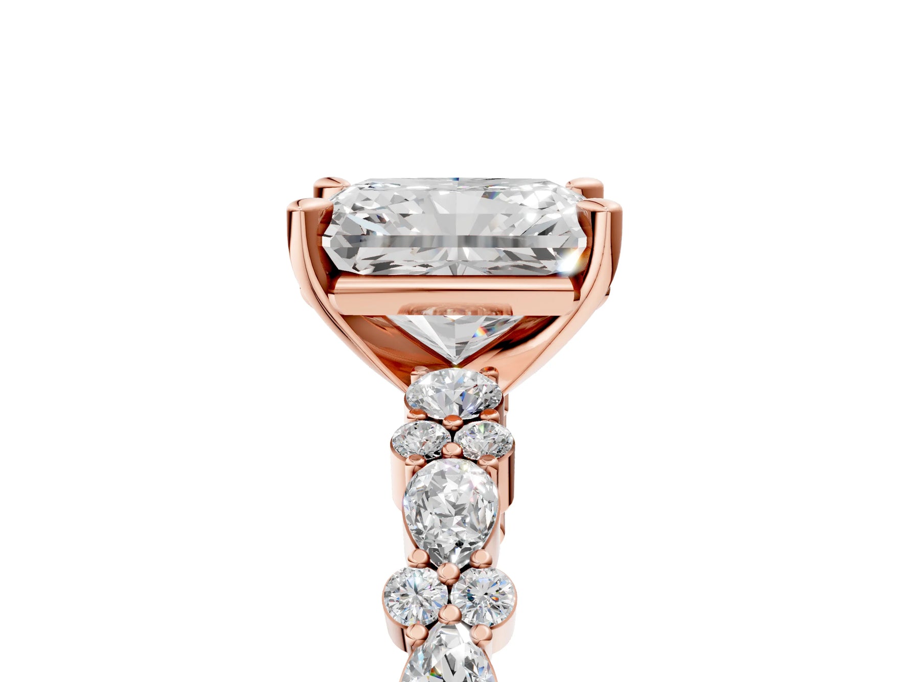 Radiant Cut Diamond Solitaire Ring in Rose gold with Pear and Round Cluster Band_17