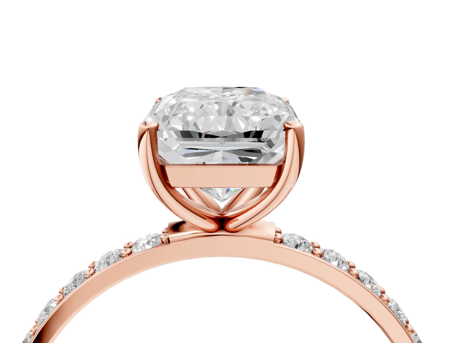 Radiant Cut Diamond Solitaire Ring in Rose gold with Round Pavé Band_46