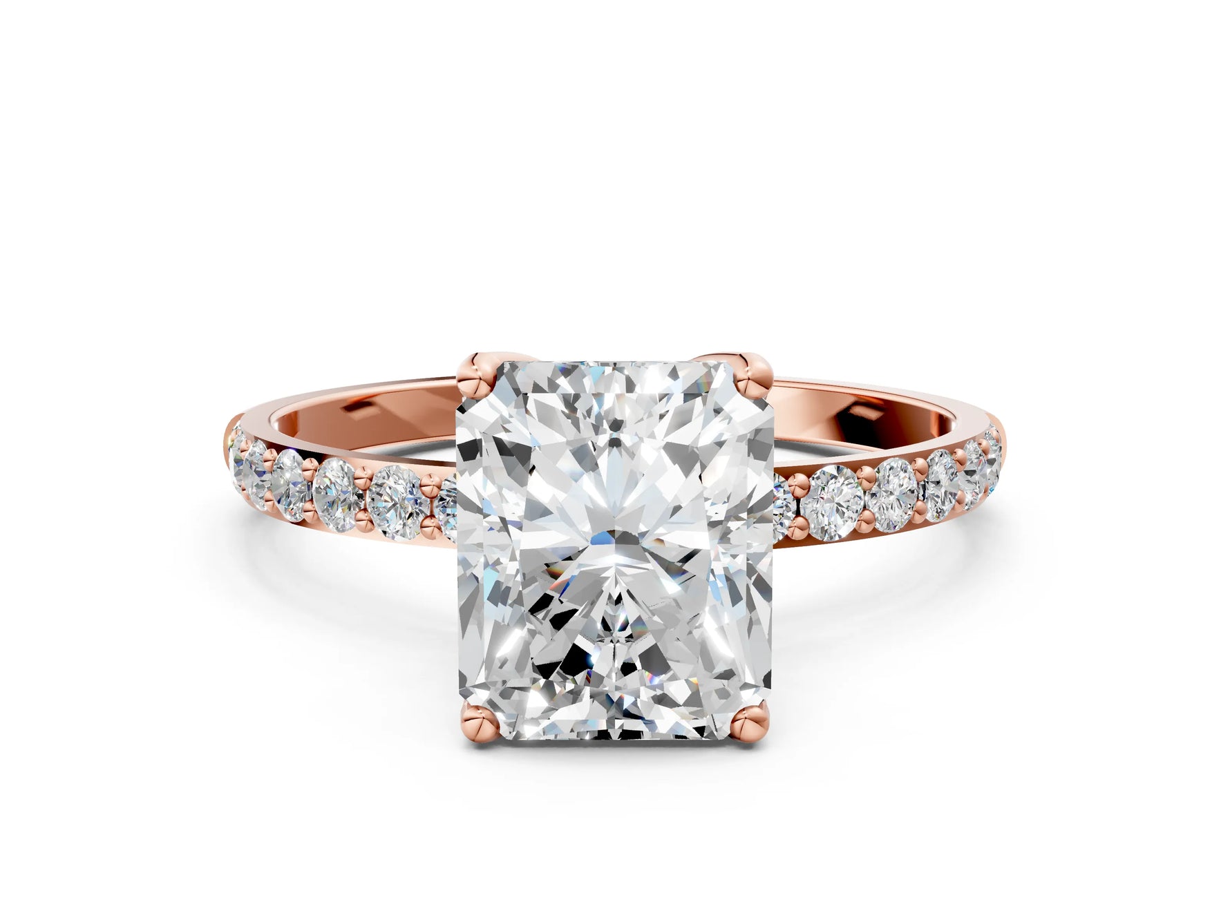 Radiant Cut Diamond Solitaire Ring in Rose gold with Round Shared Prong Pavé Band_18