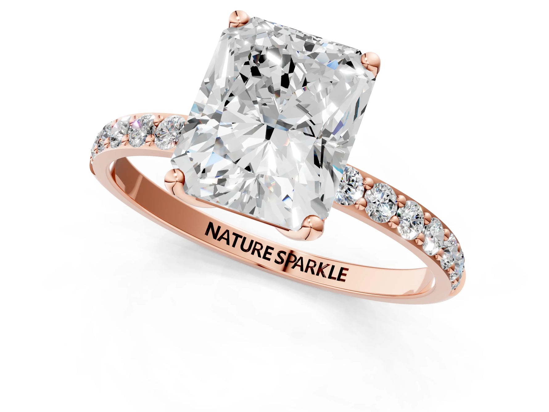 Radiant Cut Diamond Solitaire Ring in Rose gold with Round Shared Prong Pavé Band_19