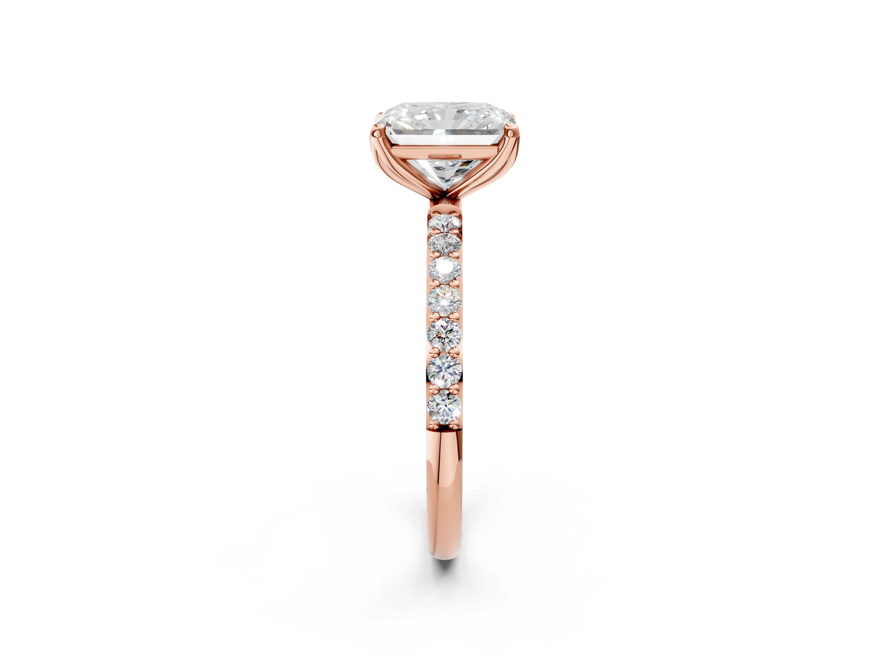 Radiant Cut Diamond Solitaire Ring in Rose gold with Round Shared Prong Pavé Band_20