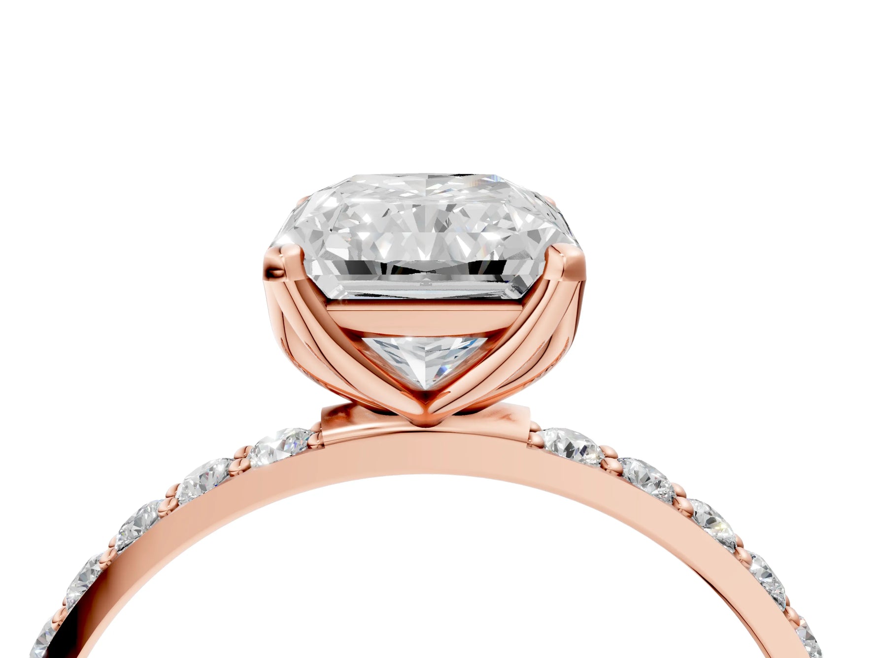 Radiant Cut Diamond Solitaire Ring in Rose gold with Round Shared Prong Pavé Band_22