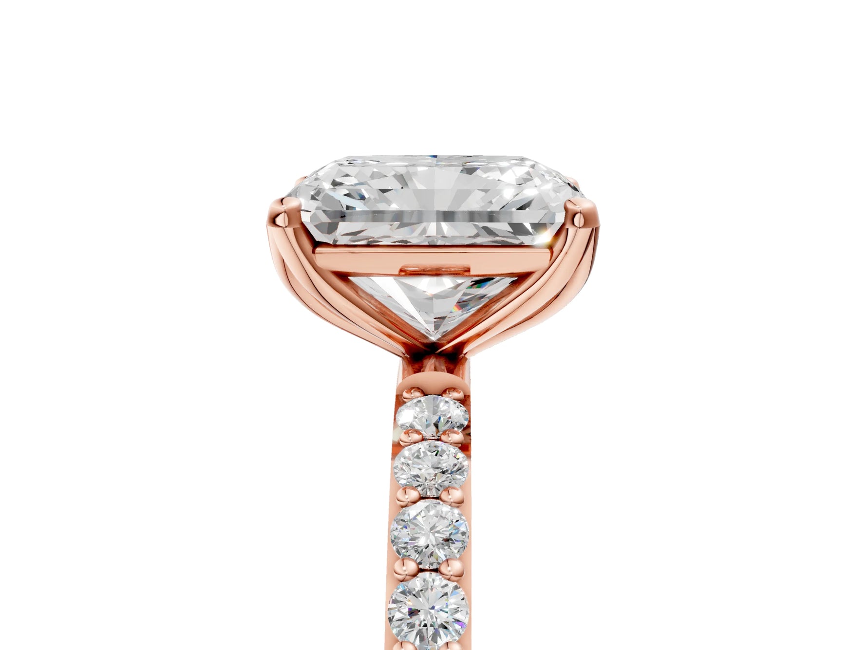 Radiant Cut Diamond Solitaire Ring in Rose gold with Round Shared Prong Pavé Band_23