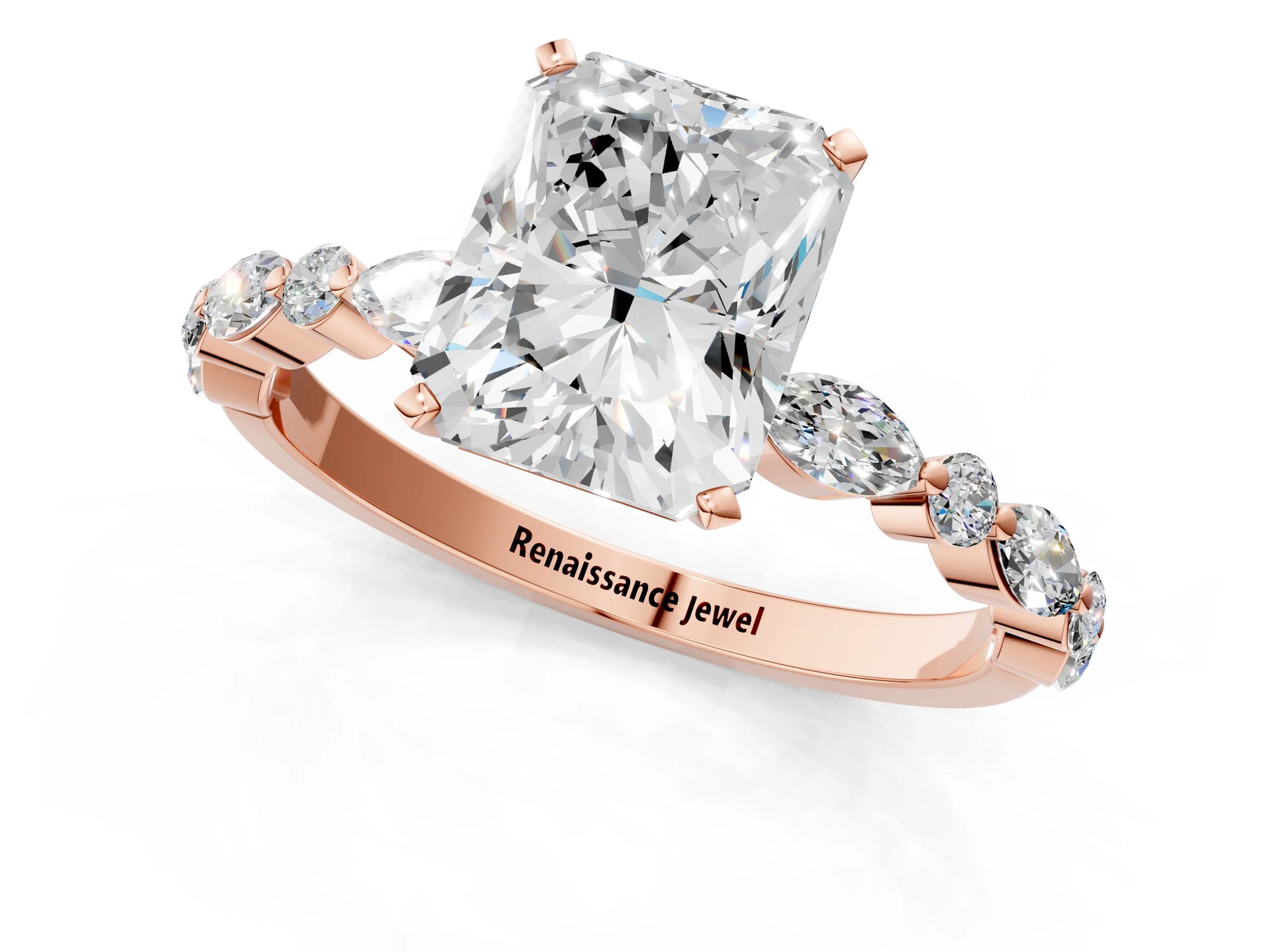 Radiant Cut Diamond Solitaire Ring in Rose gold with Shared Prong Marquise and Round Side Stones_13