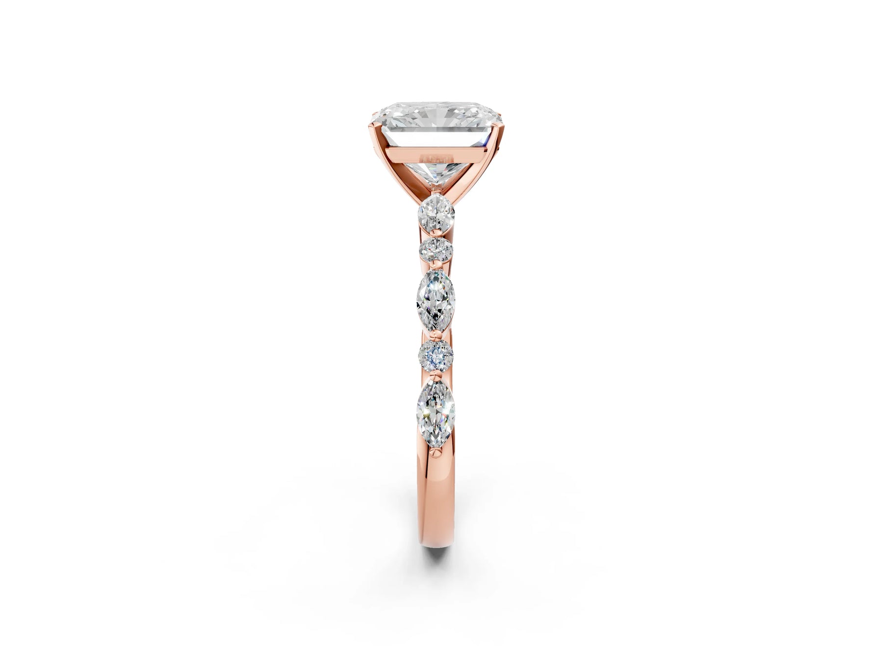 Radiant Cut Diamond Solitaire Ring in Rose gold with Shared Prong Marquise and Round Side Stones_14
