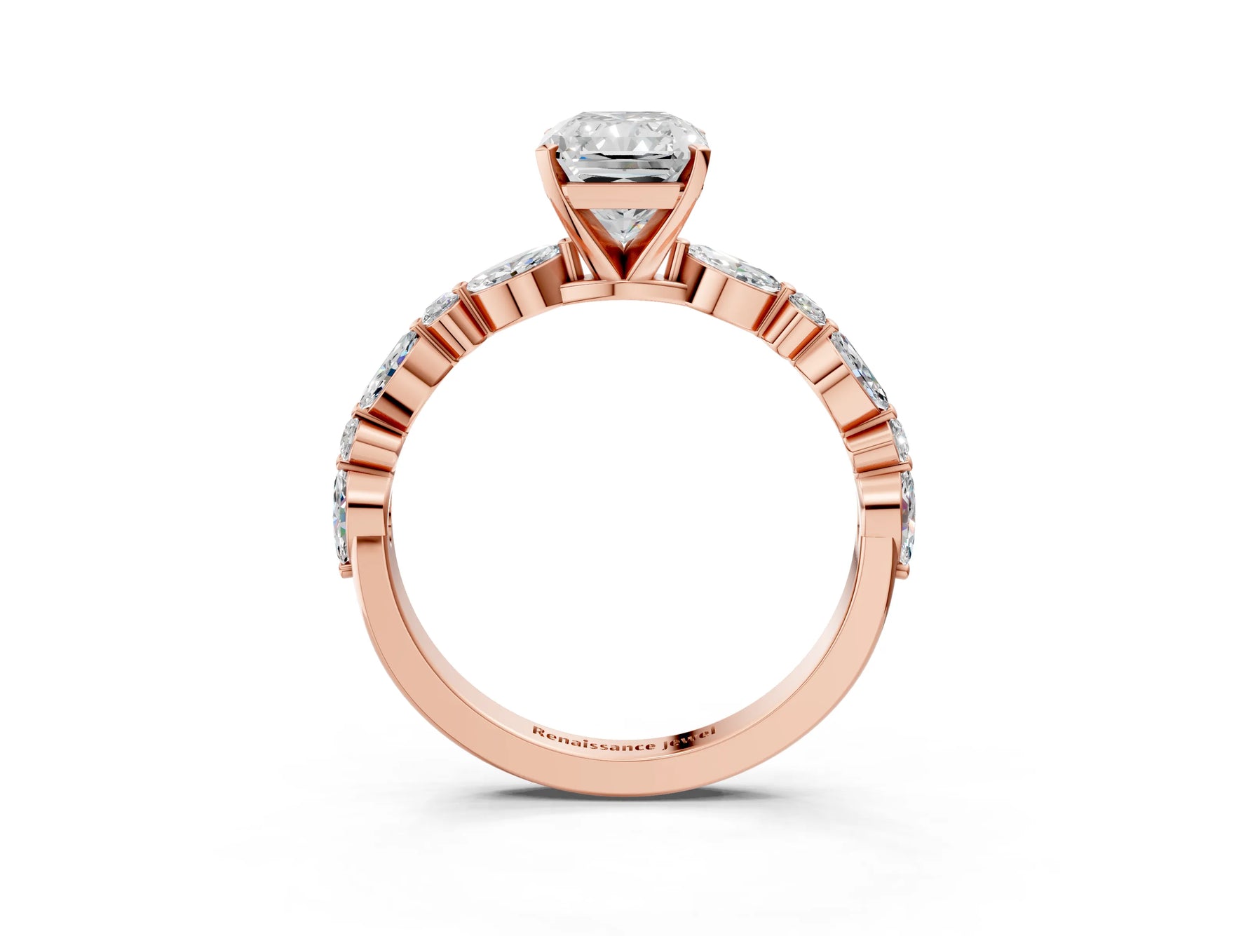 Radiant Cut Diamond Solitaire Ring in Rose gold with Shared Prong Marquise and Round Side Stones_15
