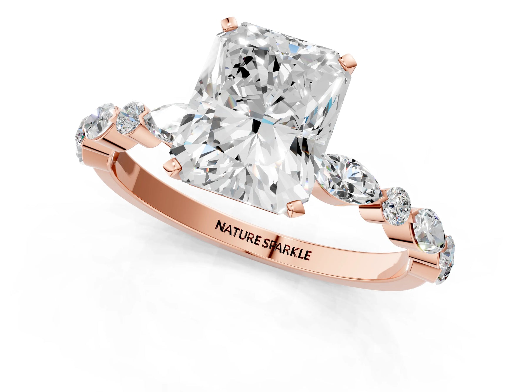 Radiant Cut Diamond Solitaire Ring in Rose gold with Shared Prong Marquise and Round Side Stones_37