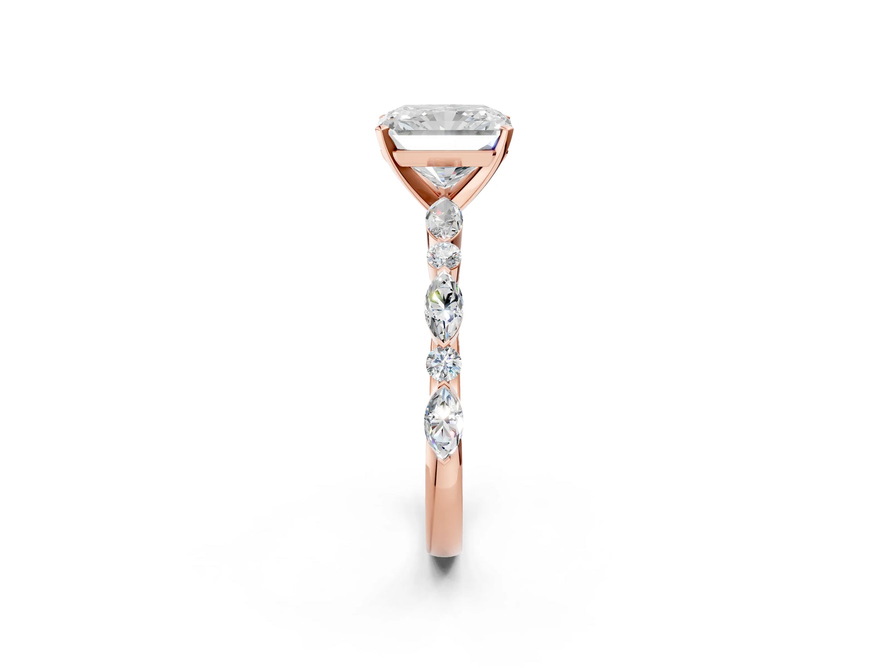 Radiant Cut Diamond Solitaire Ring in Rose gold with Shared Prong Marquise and Round Side Stones_38