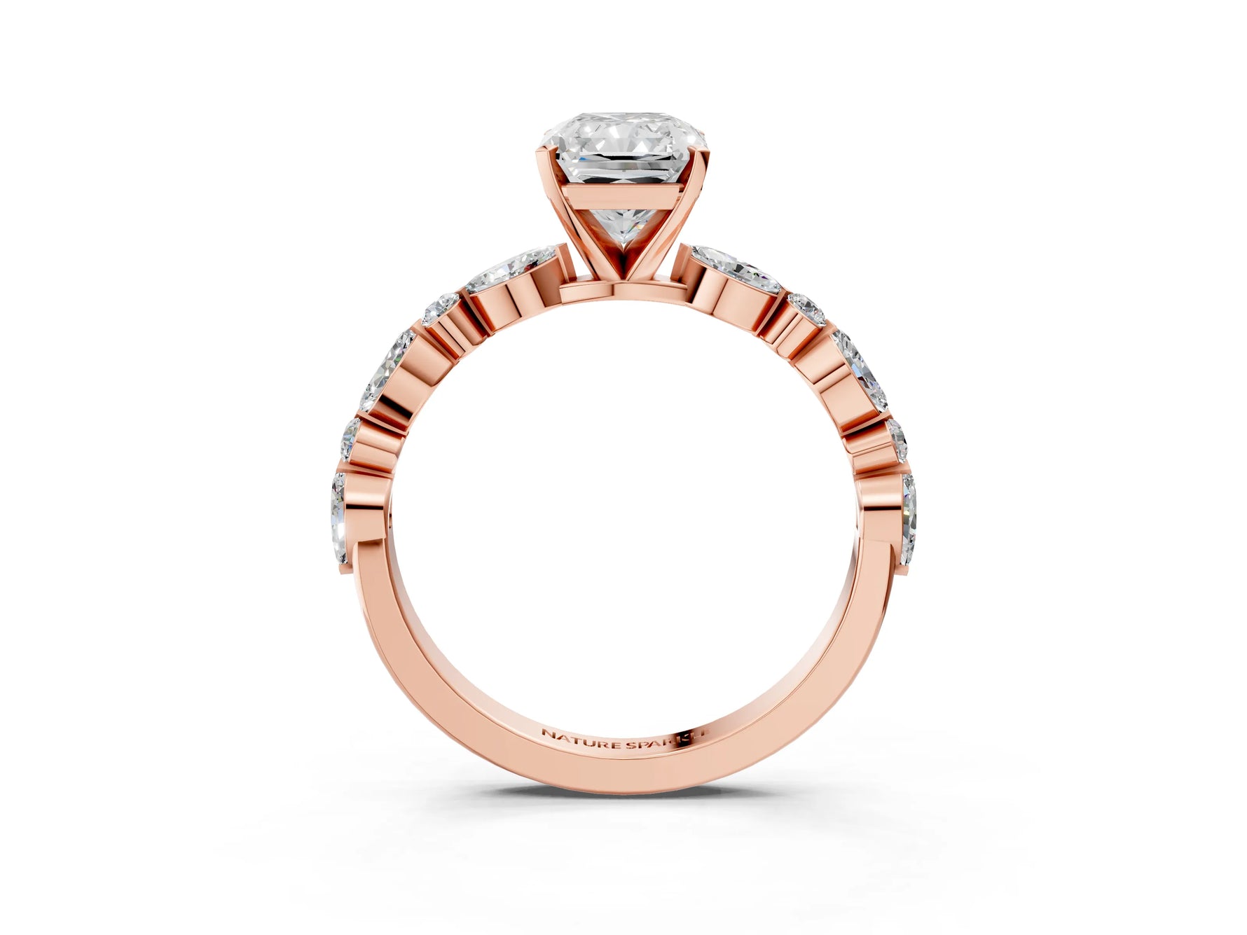 Radiant Cut Diamond Solitaire Ring in Rose gold with Shared Prong Marquise and Round Side Stones_39