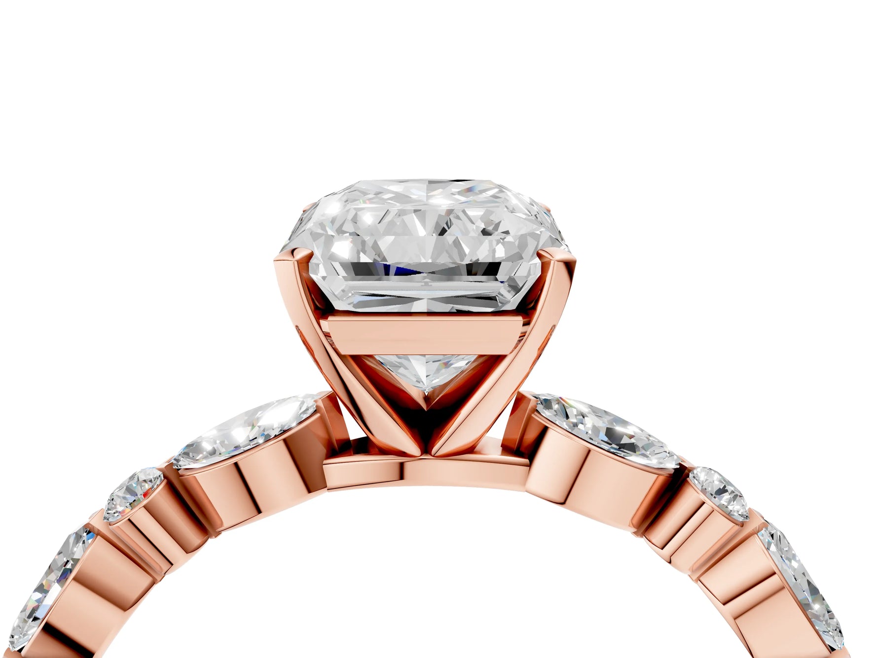 Radiant Cut Diamond Solitaire Ring in Rose gold with Shared Prong Marquise and Round Side Stones_40