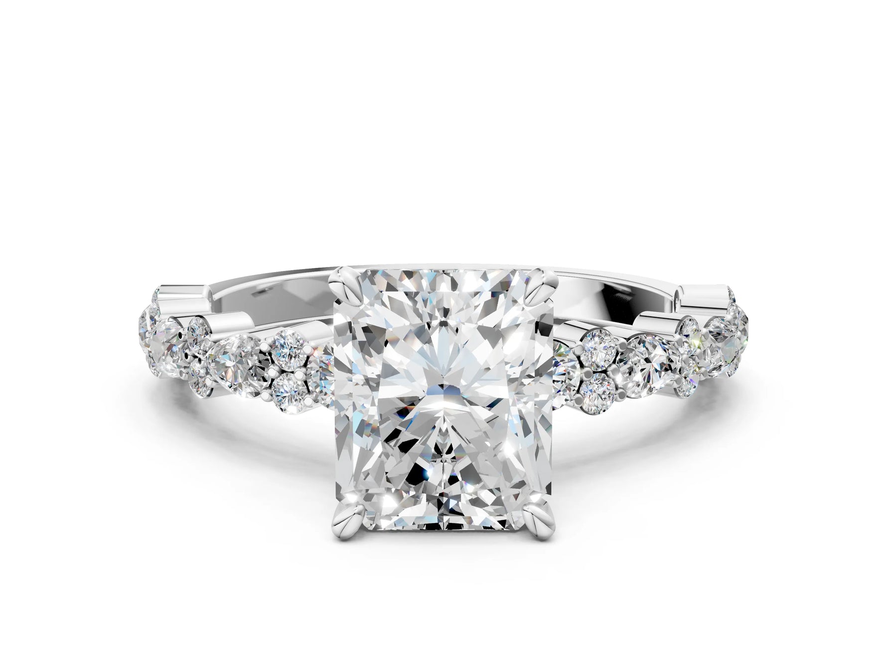 Radiant Cut Diamond Solitaire Ring in White gold with Pear and Round Cluster Band_12