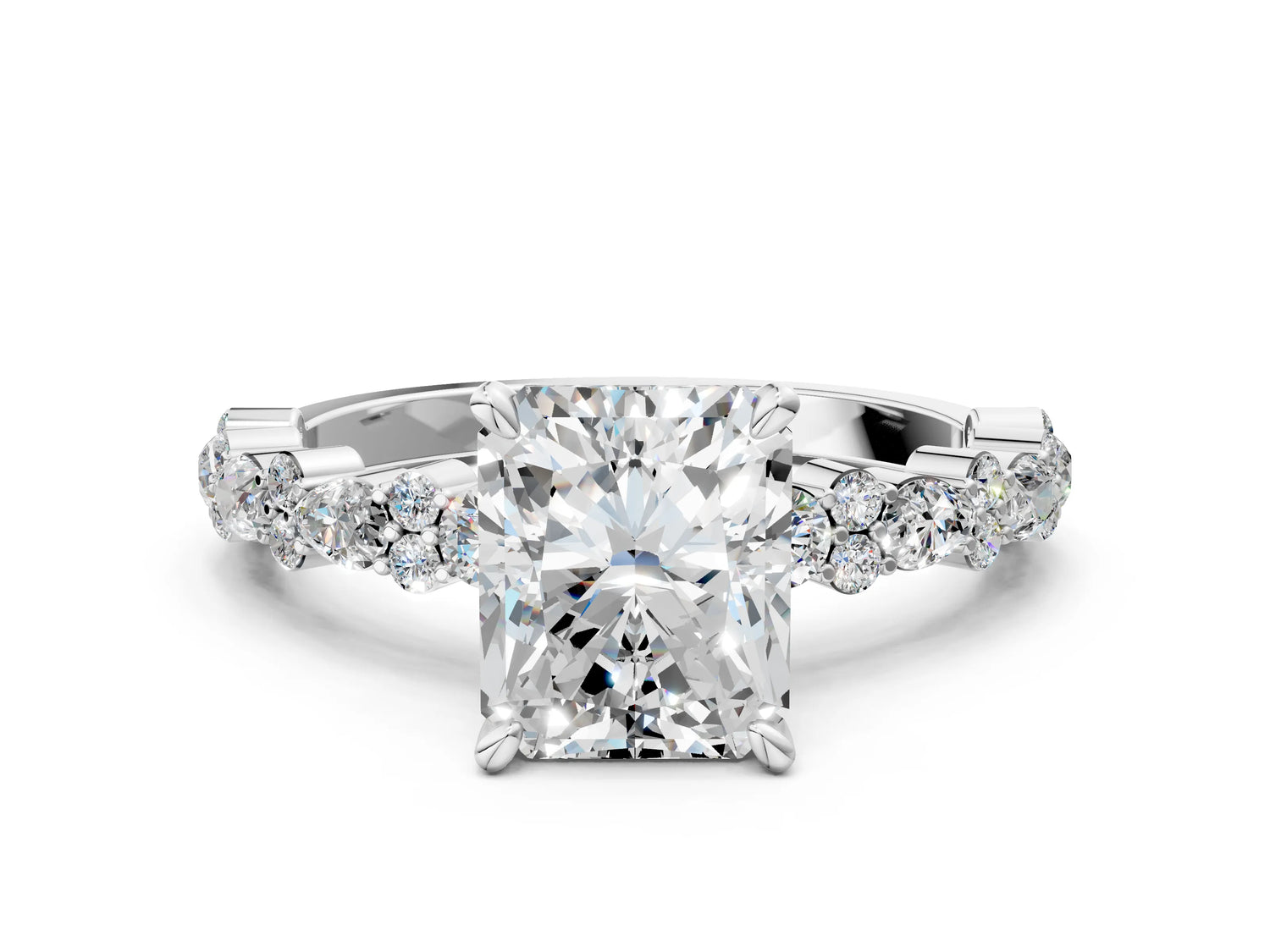Radiant Cut Diamond Solitaire Ring in White gold with Pear and Round Cluster Band_12