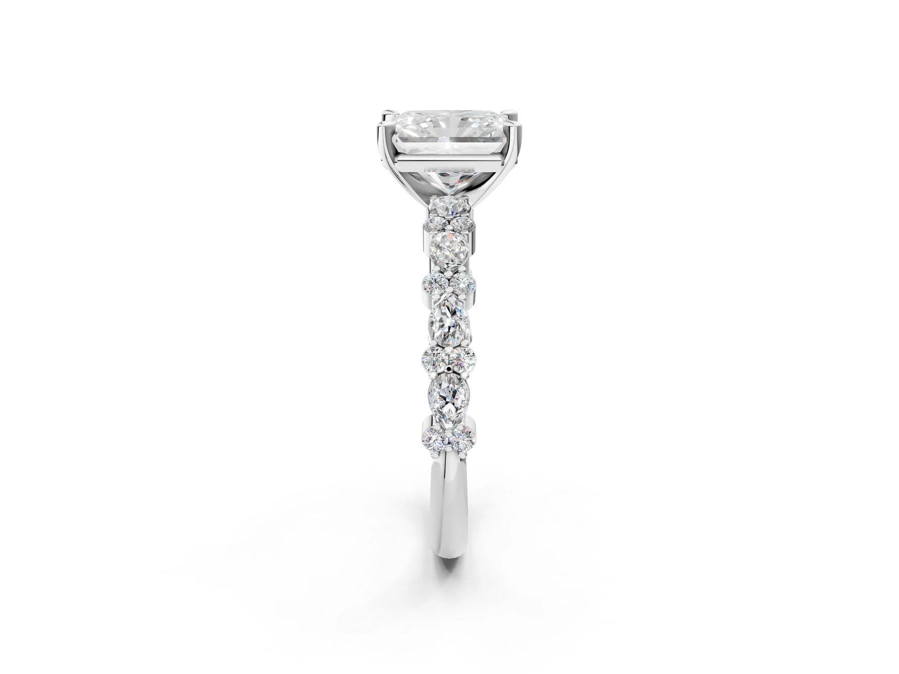 Radiant Cut Diamond Solitaire Ring in White gold with Pear and Round Cluster Band_14