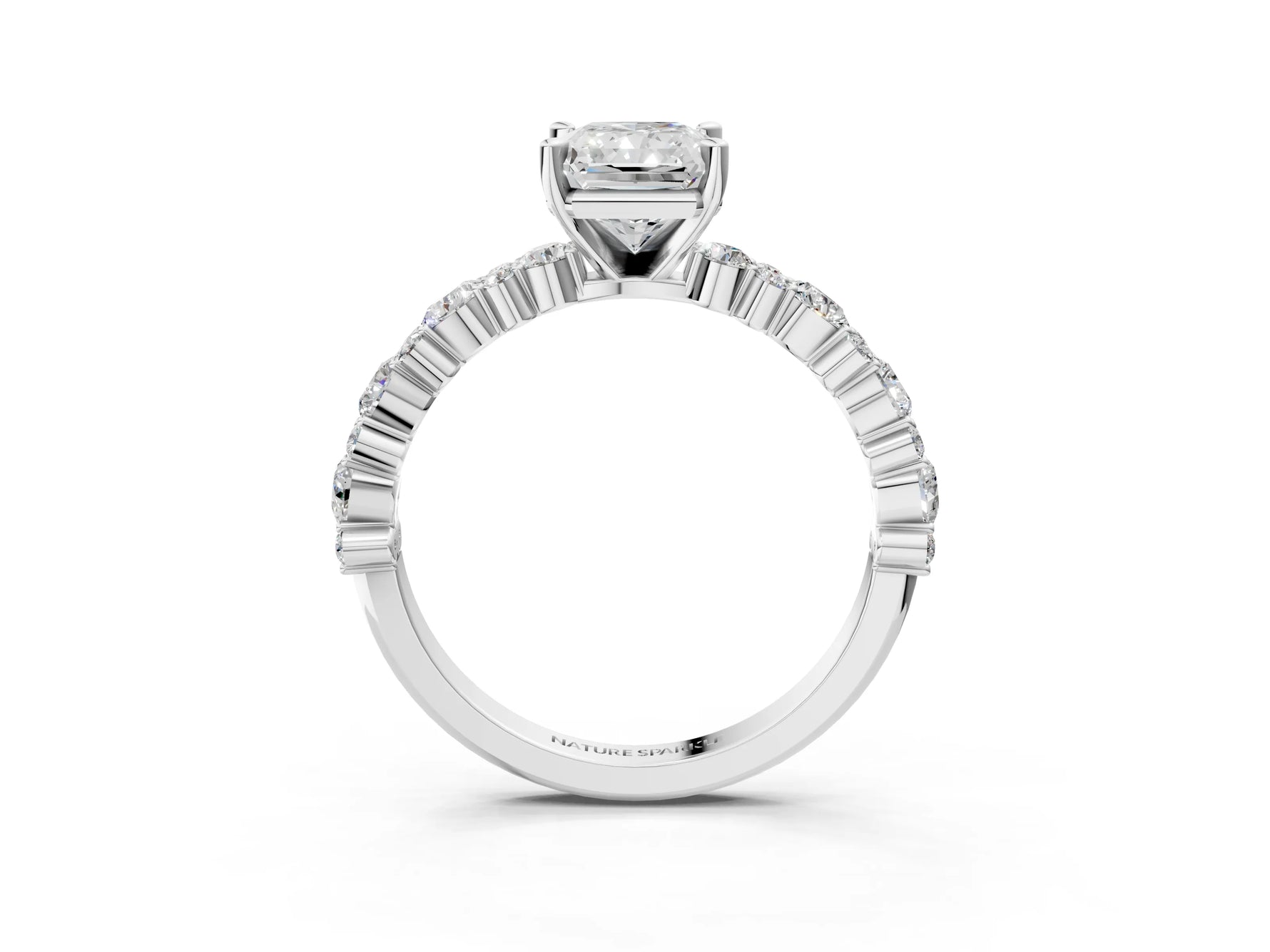 Radiant Cut Diamond Solitaire Ring in White gold with Pear and Round Cluster Band_15