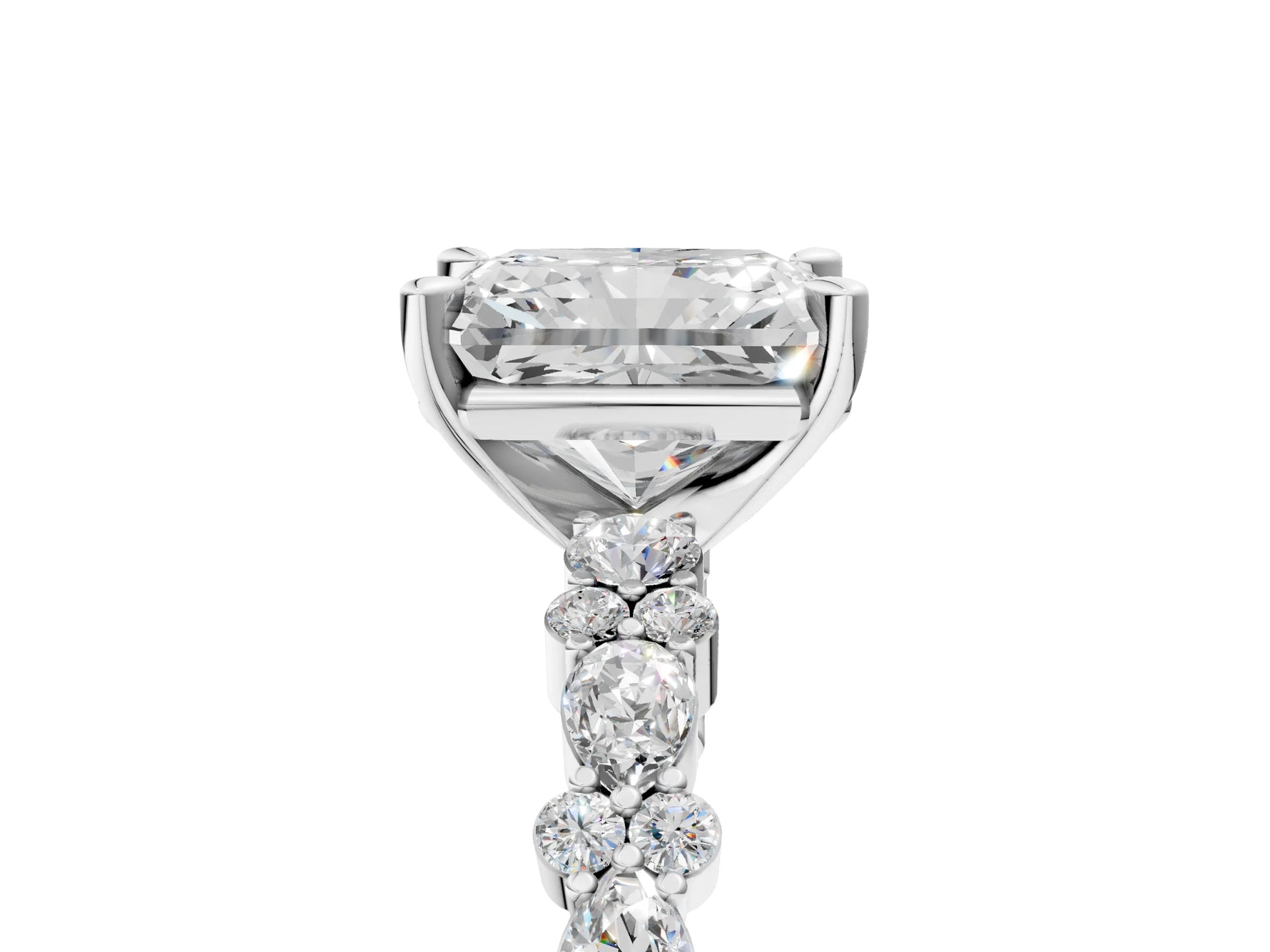 Radiant Cut Diamond Solitaire Ring in White gold with Pear and Round Cluster Band_17