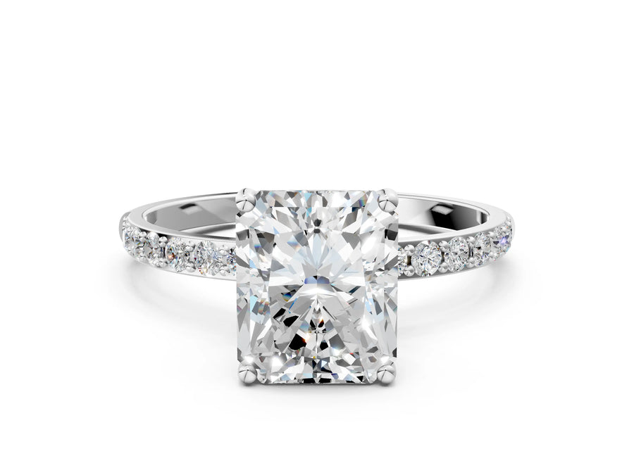 Radiant Cut Diamond Solitaire Ring in Silver with Round Pavé Band