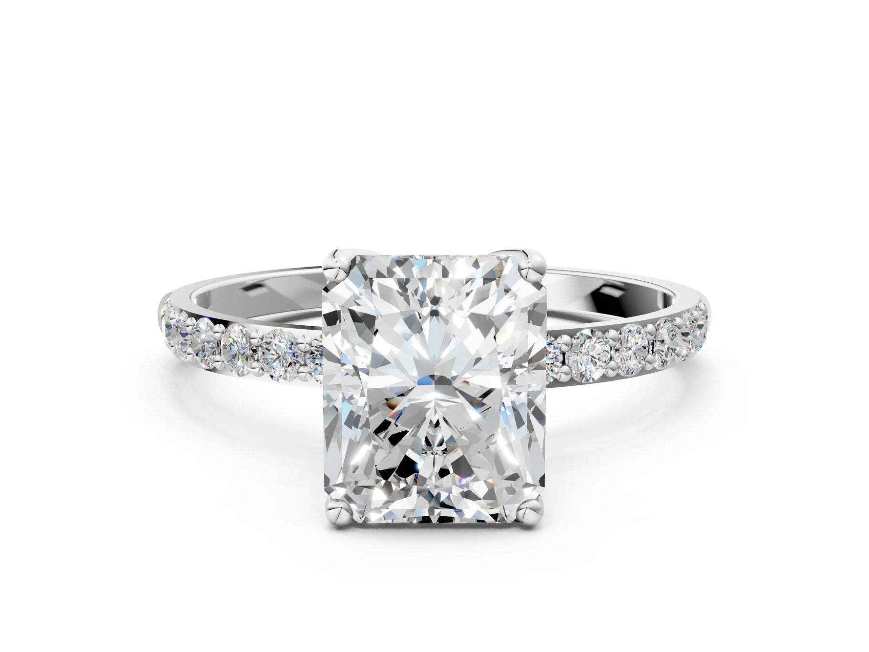 Radiant Cut Diamond Solitaire Ring in White gold with Round Shared Prong Pavé Band_18