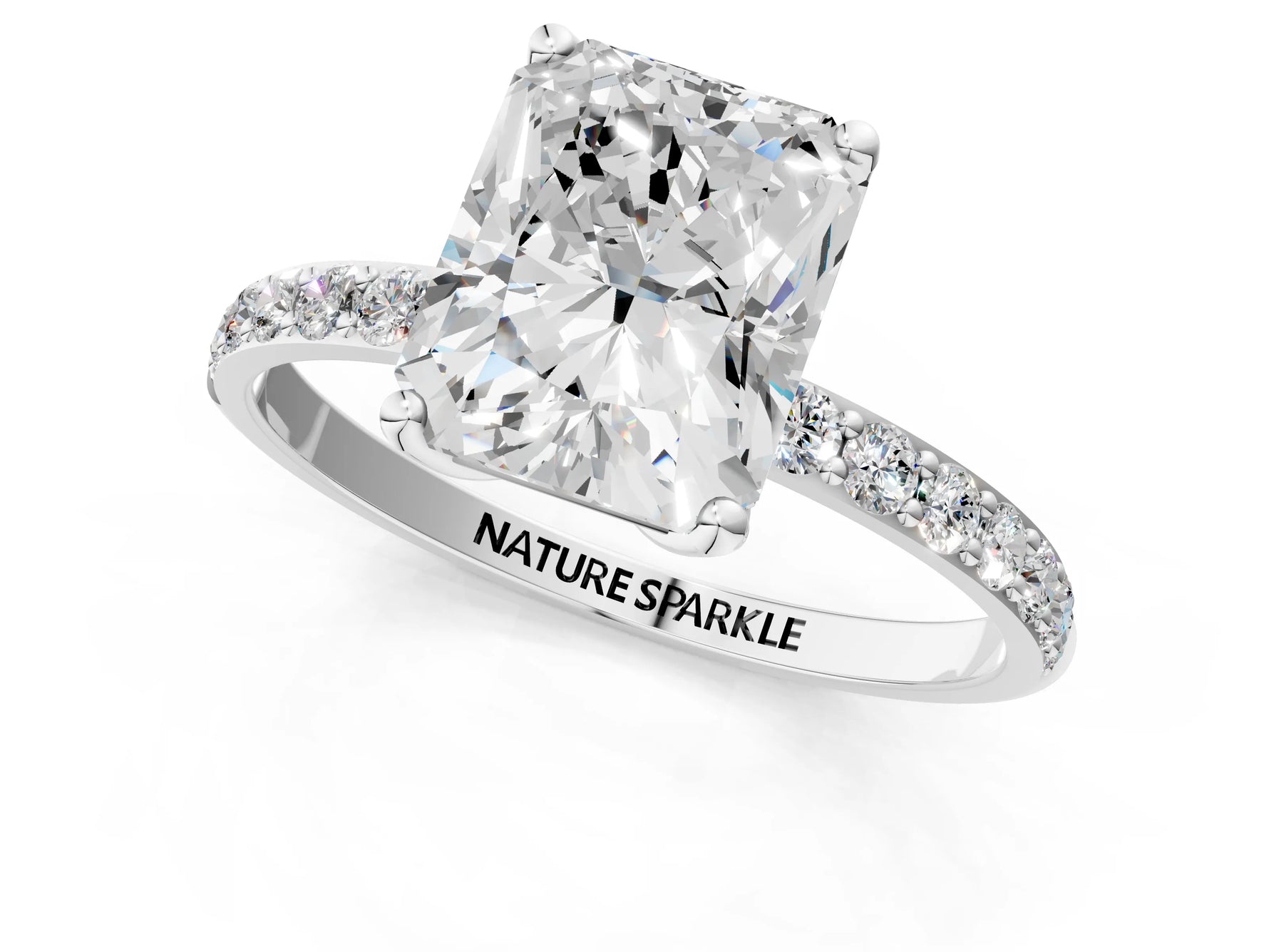 Radiant Cut Diamond Solitaire Ring in White gold with Round Shared Prong Pavé Band_19