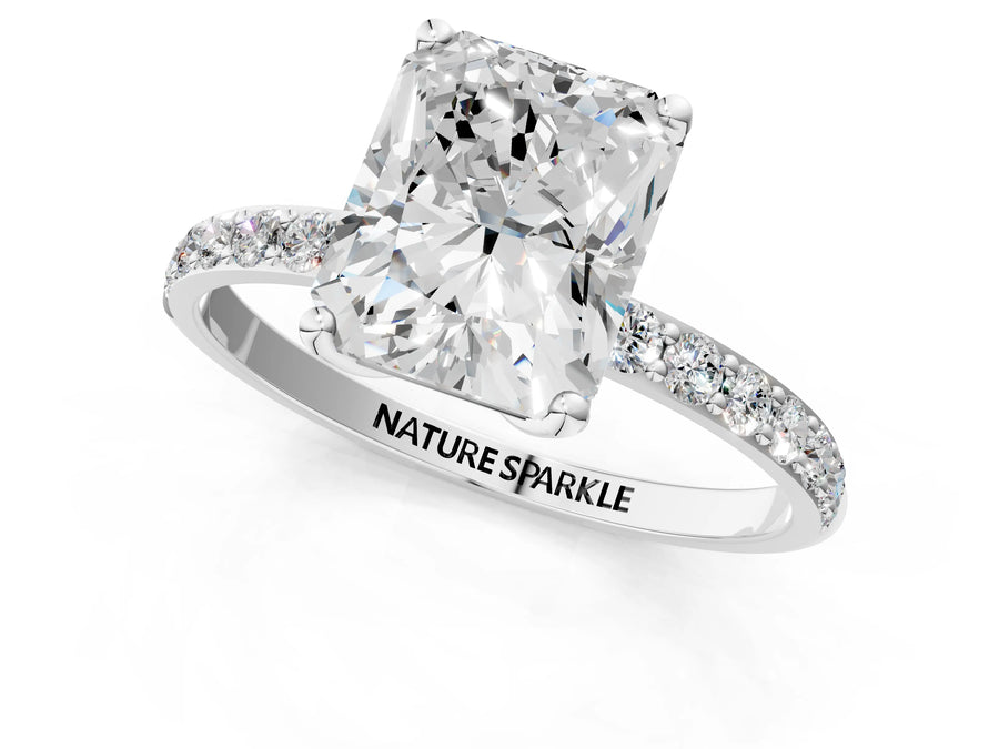 Radiant Cut Diamond Solitaire Ring in Platinum with Round Shared Prong Pavé Band