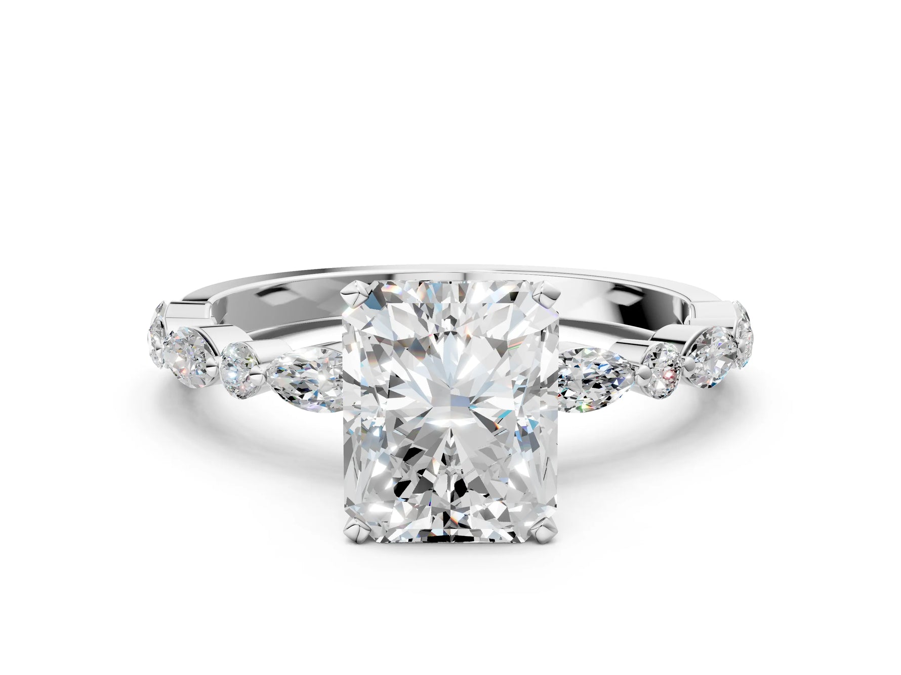 Radiant Cut Diamond Solitaire Ring in White gold with Shared Prong Marquise and Round Side Stones_12