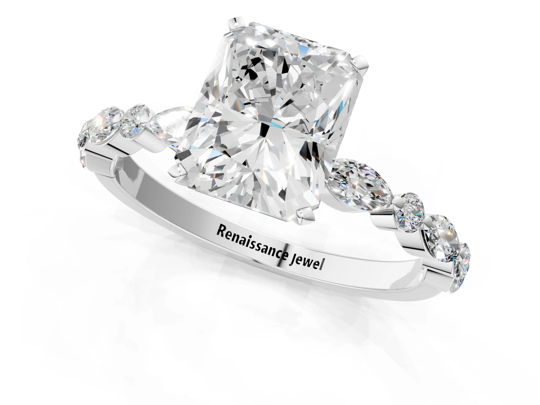 Radiant Cut Diamond Solitaire Ring in White gold with Shared Prong Marquise and Round Side Stones_13