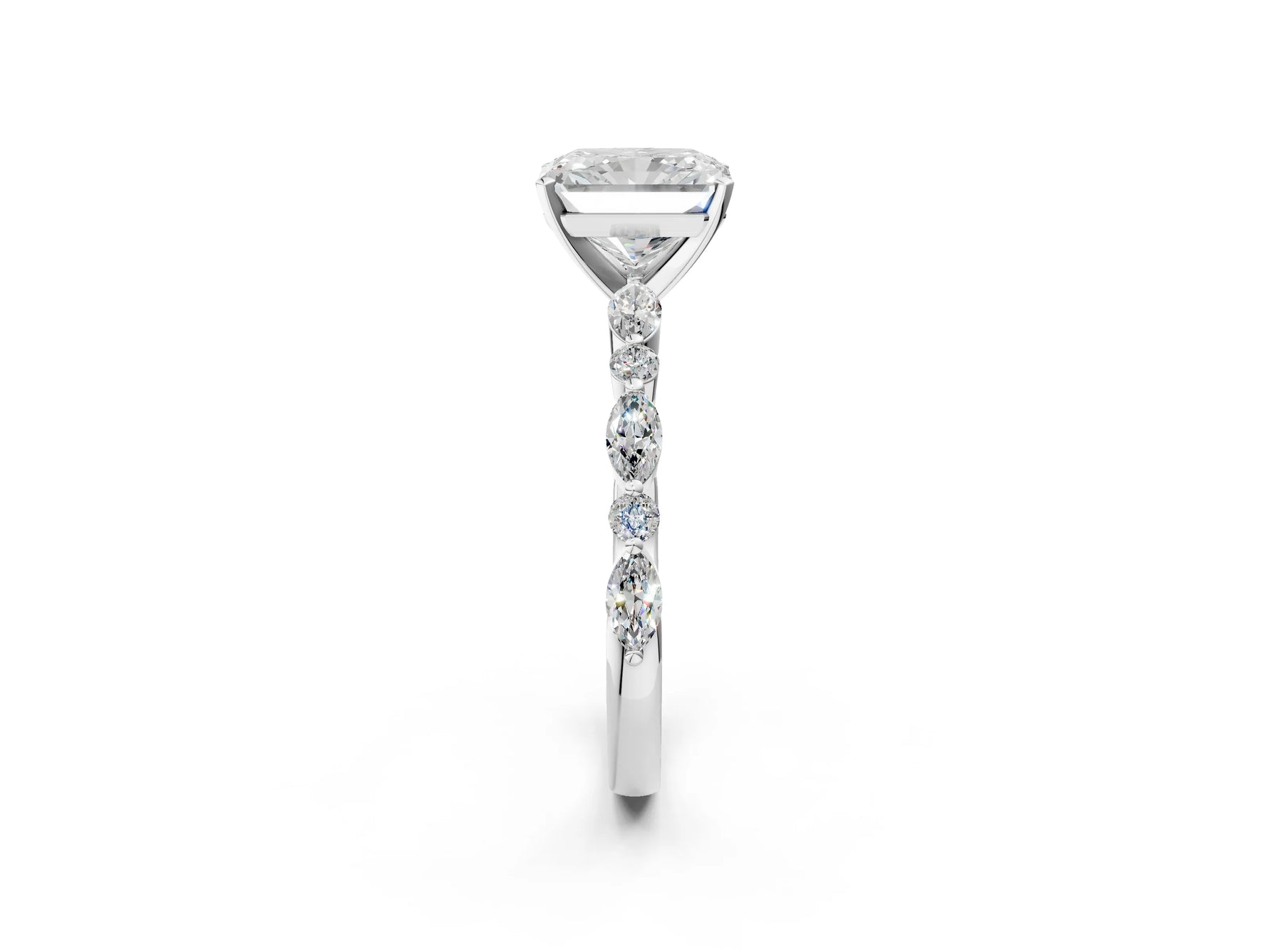 Radiant Cut Diamond Solitaire Ring in White gold with Shared Prong Marquise and Round Side Stones_14