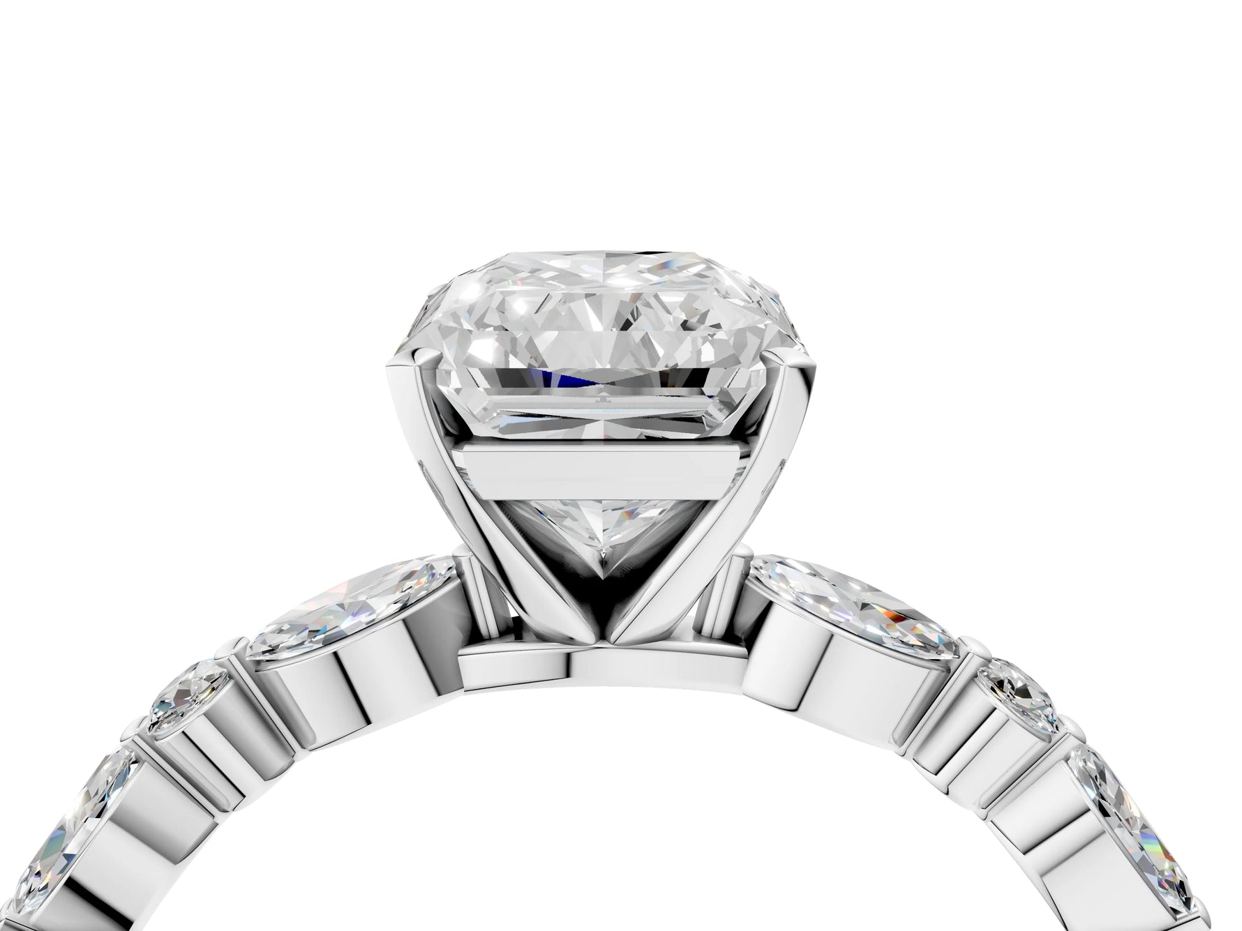 Radiant Cut Diamond Solitaire Ring in White gold with Shared Prong Marquise and Round Side Stones_16