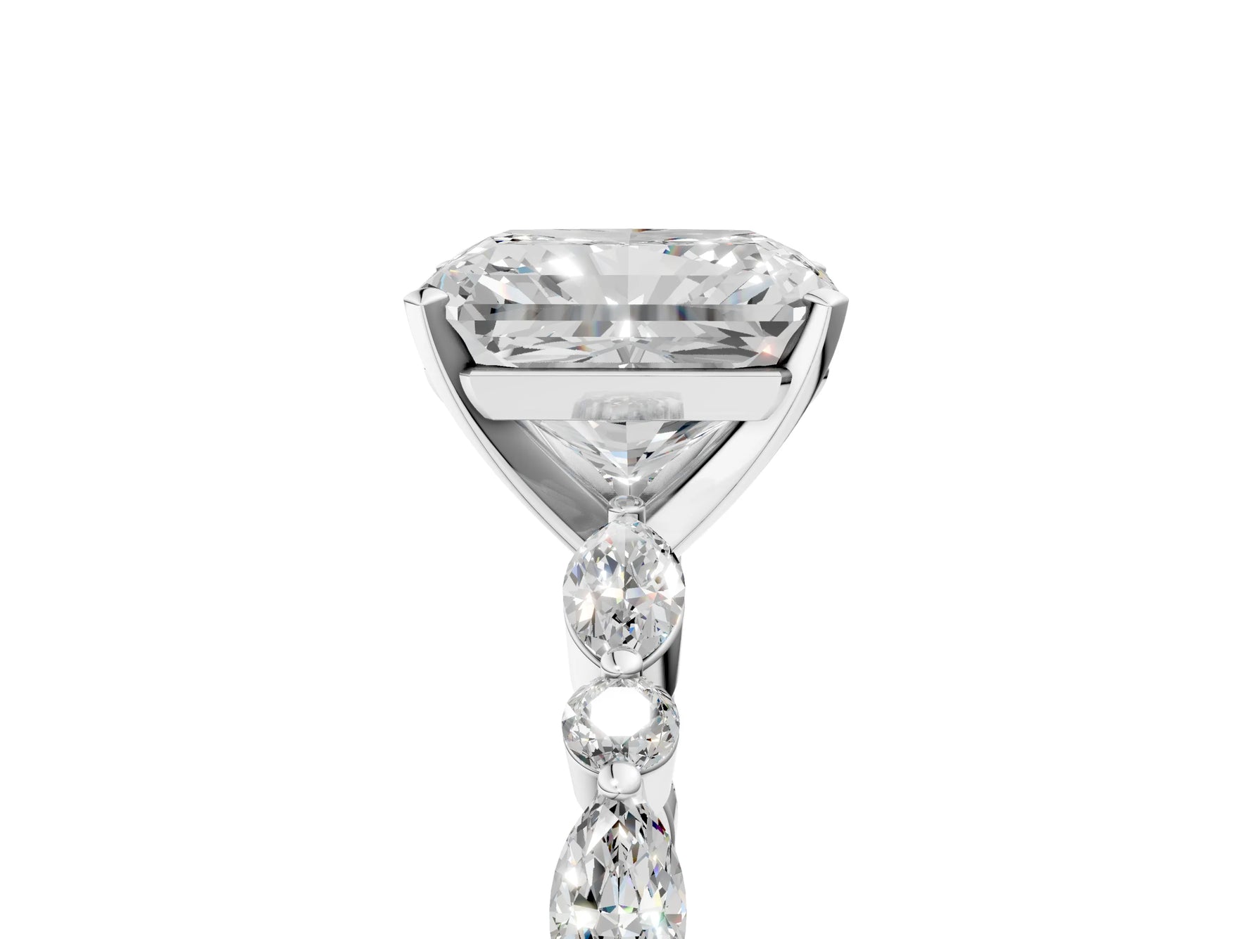 Radiant Cut Diamond Solitaire Ring in White gold with Shared Prong Marquise and Round Side Stones_17
