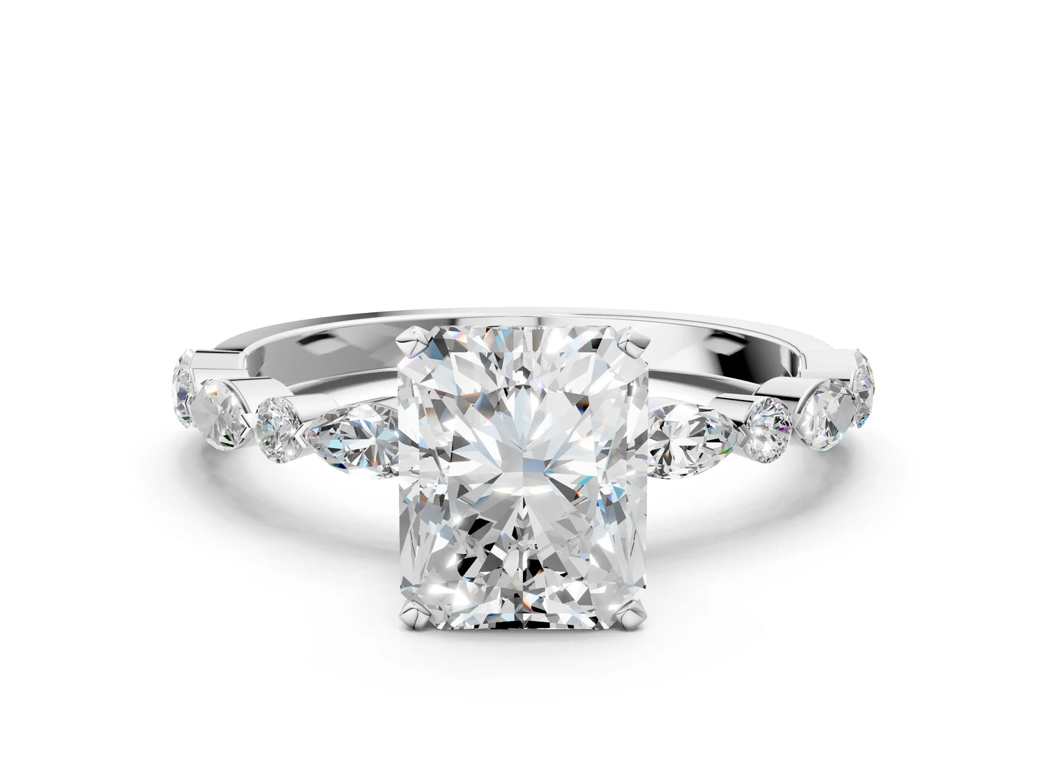 Radiant Cut Diamond Solitaire Ring in White gold with Shared Prong Marquise and Round Side Stones_36